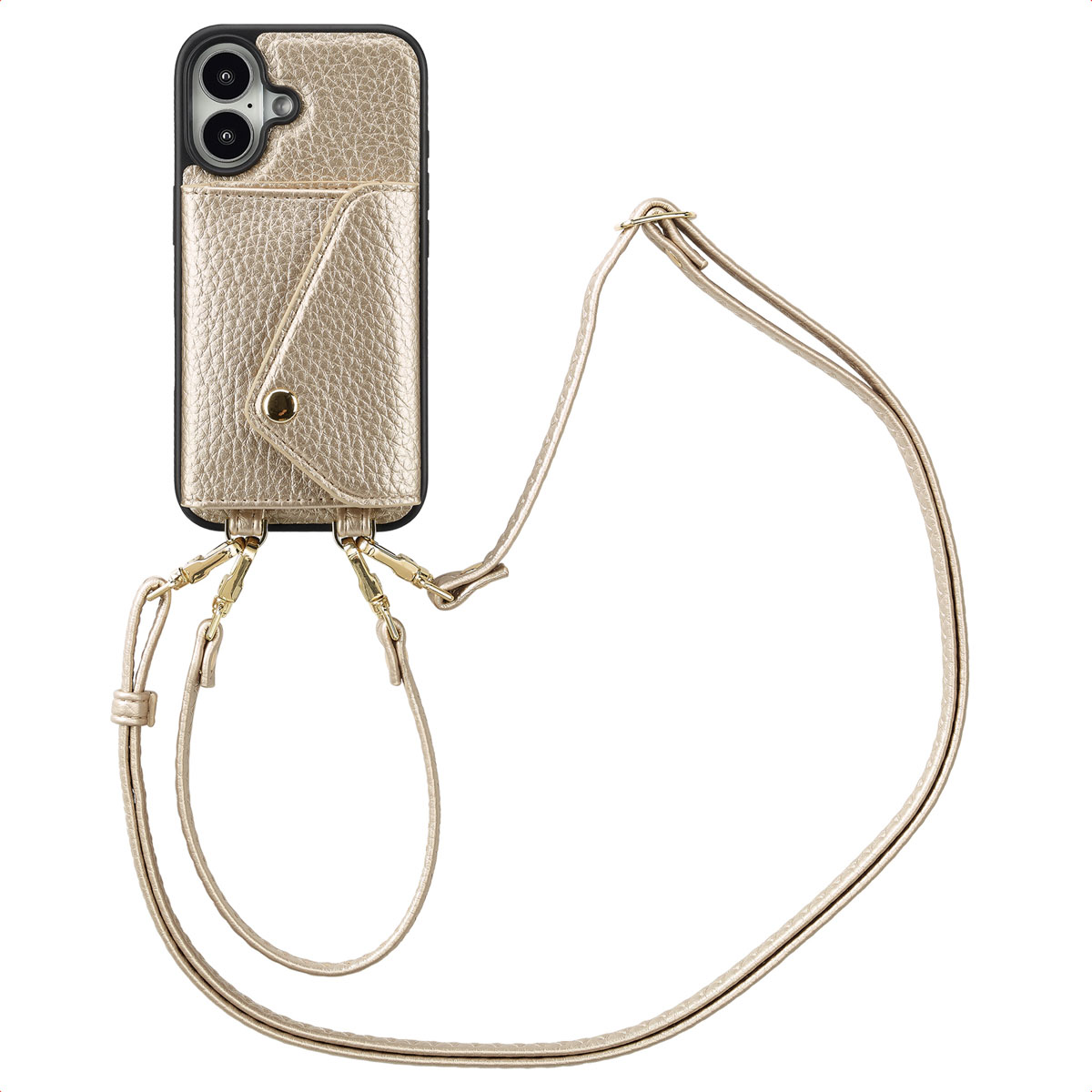 Selencia Sera HandyHülle mit Kordel und Umschlag-Kartenhalter für das Apple iPhone 16 - Champagne