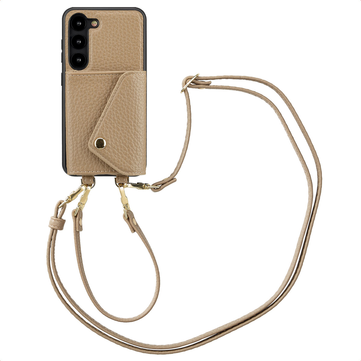 Selencia Sera HandyHülle mit Kordel und Umschlag-Kartenhalter für das Samsung Galaxy S23 - Taupe