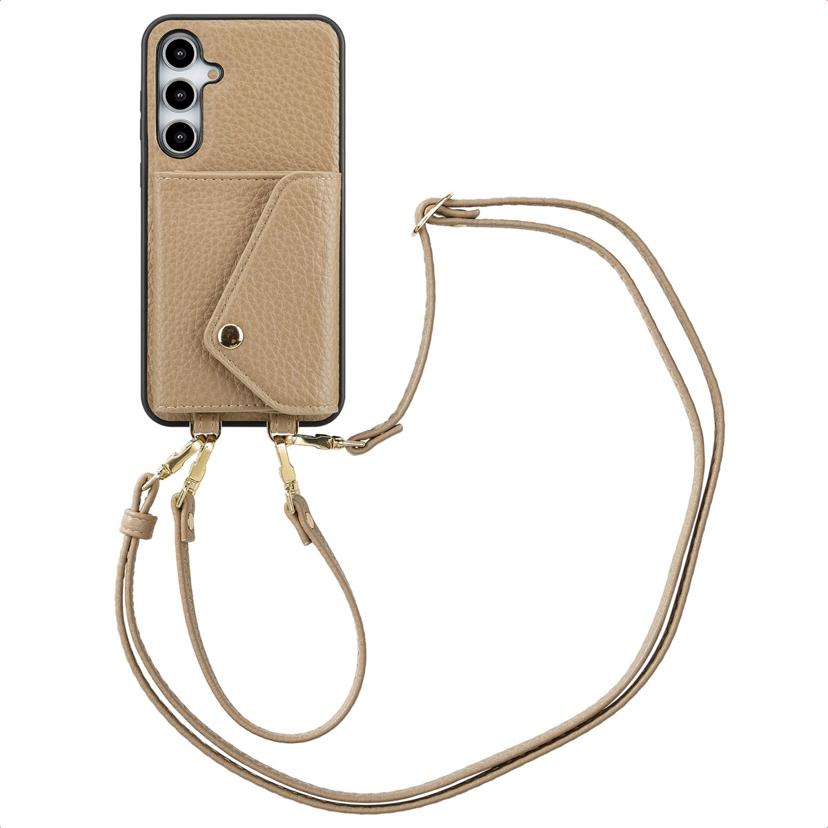 Selencia Sera HandyHülle mit Kordel und Umschlag-Kartenhalter für das Samsung Galaxy A35 - Taupe