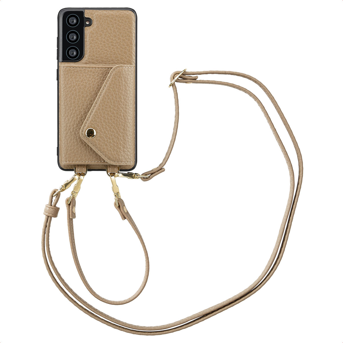 Selencia Sera HandyHülle mit Kordel und Umschlag-Kartenhalter für das Samsung Galaxy S21 FE - Taupe