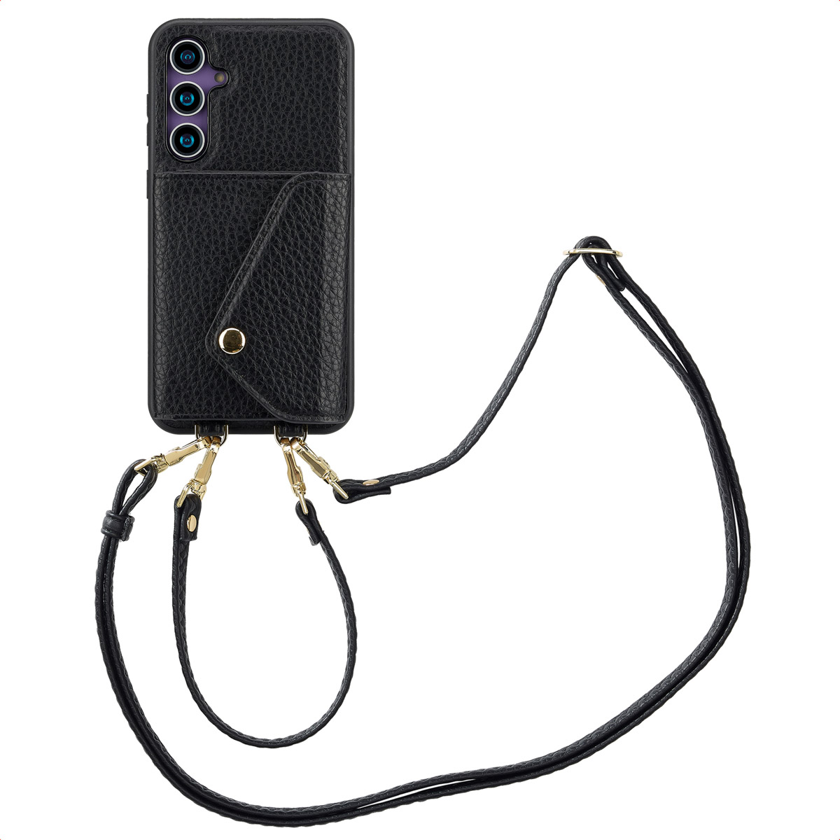 Selencia Sera HandyHülle mit Kordel und Umschlag-Kartenhalter für das Samsung Galaxy S23 FE - Schwarz