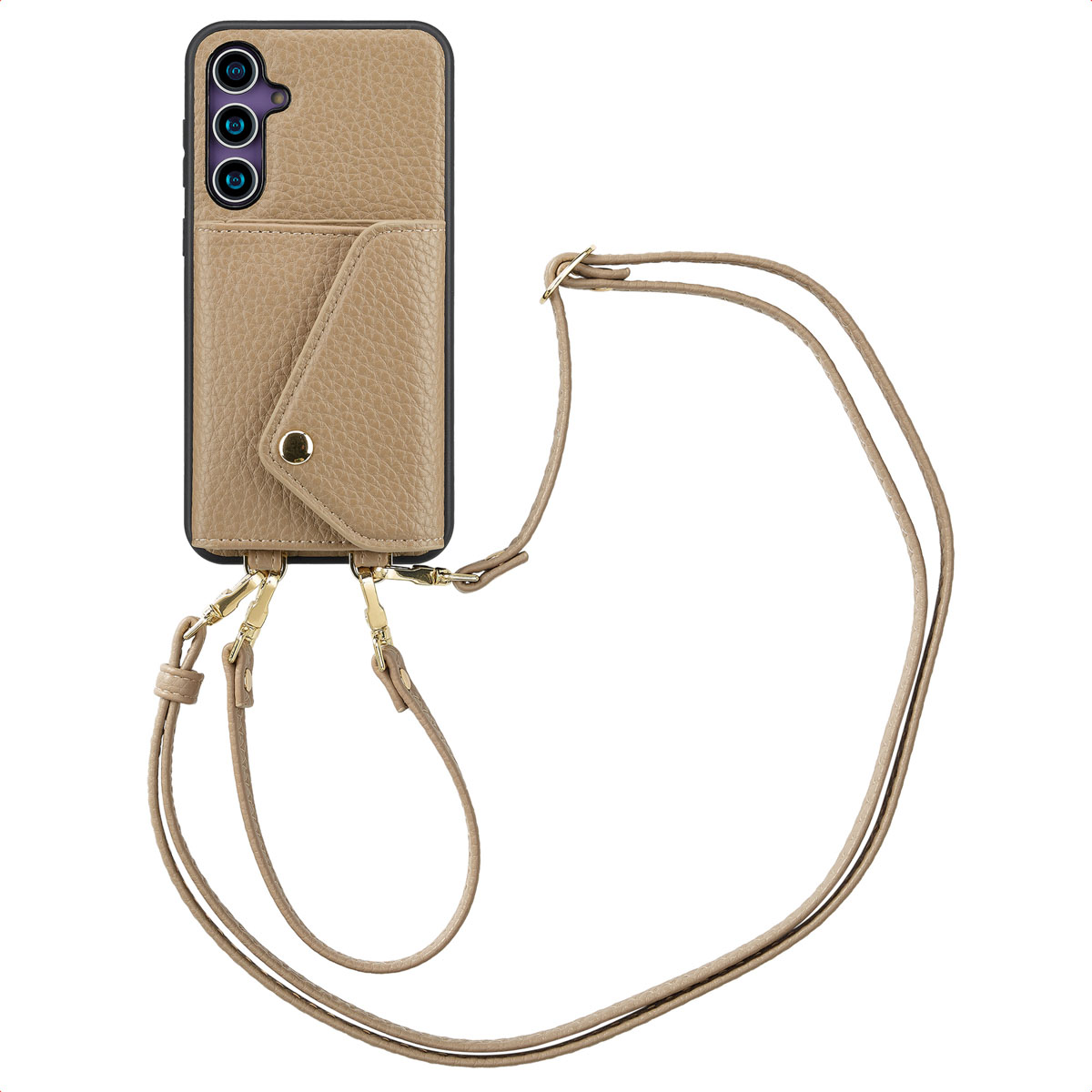 Selencia Sera HandyHülle mit Kordel und Umschlag-Kartenhalter für das Samsung Galaxy S23 FE - Taupe