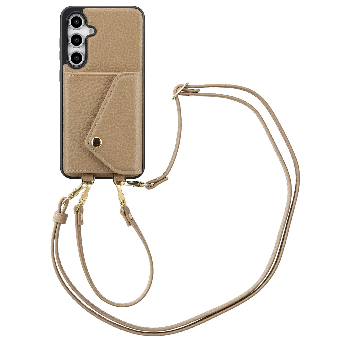 Selencia Sera HandyHülle mit Kordel und Umschlag-Kartenhalter für das Samsung Galaxy S24 FE - Taupe