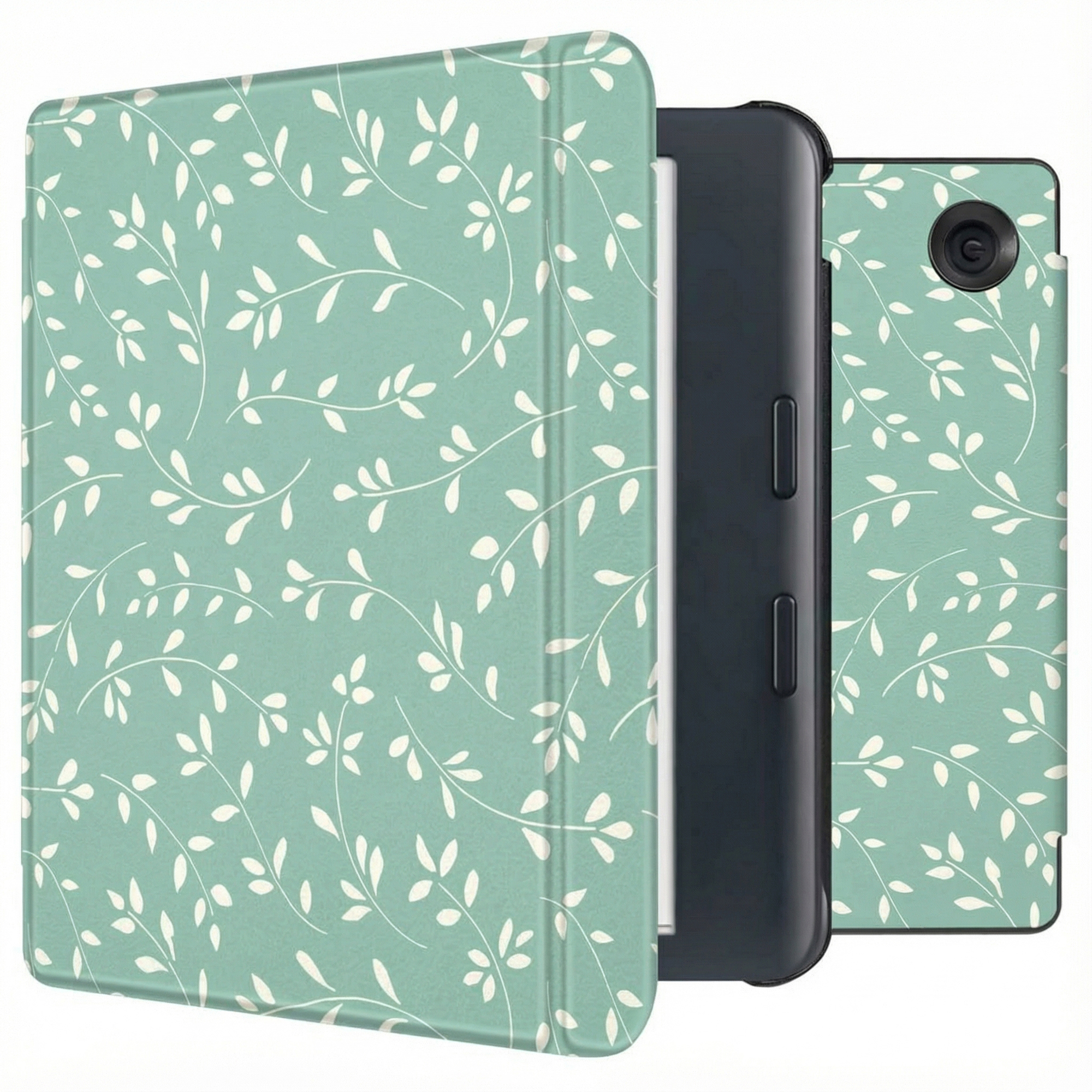 imoshion Design Slim Hard Case Sleepcover mit Stand für das Kobo Libra Colour - Smoke Green Flowers