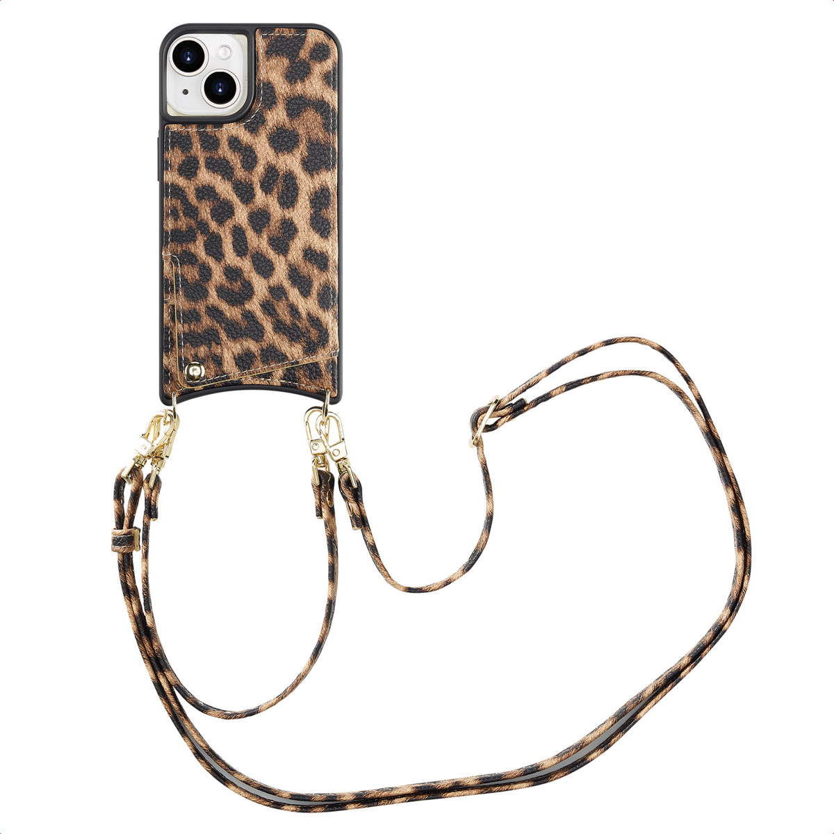 Selencia Nova HandyHülle mit Kordel und Kartenhalter für das Apple iPhone 15 - Leopard