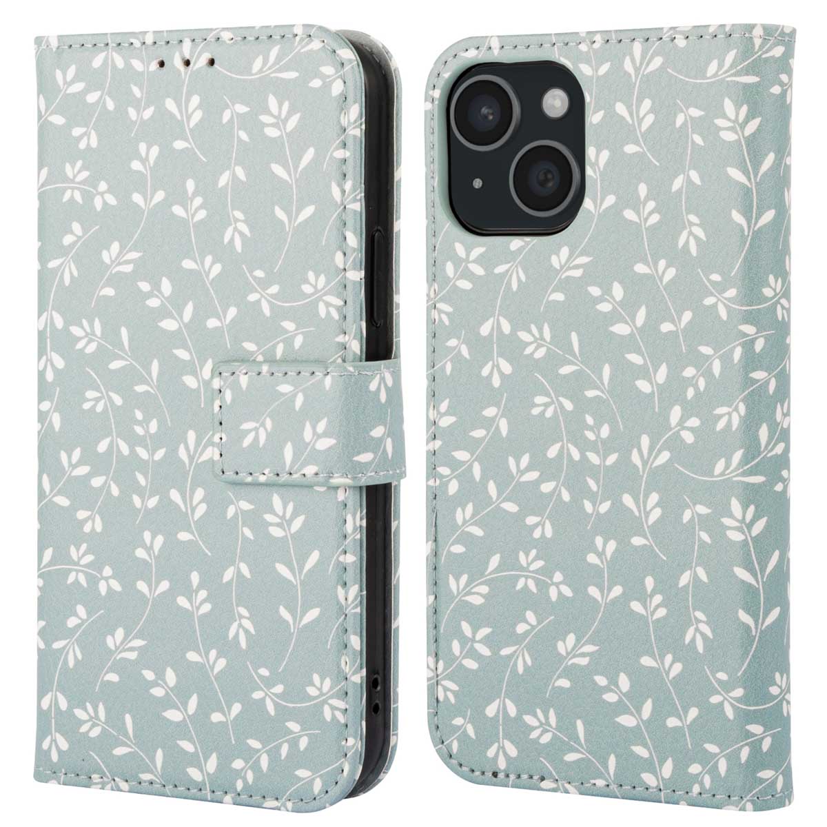 imoshion Design Klapphülle für das Apple iPhone 15 - Smoke Green Flowers
