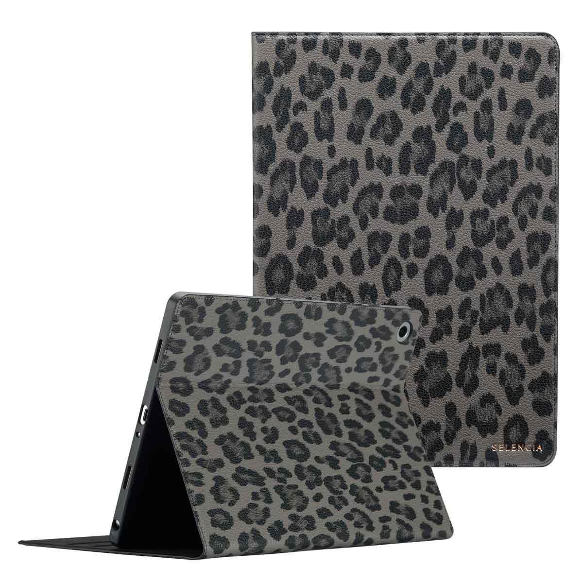 Selencia Sabi Klapphülle mit Leopardenmuster für das Samsung Galaxy Tab A9 Plus - Midnight Black