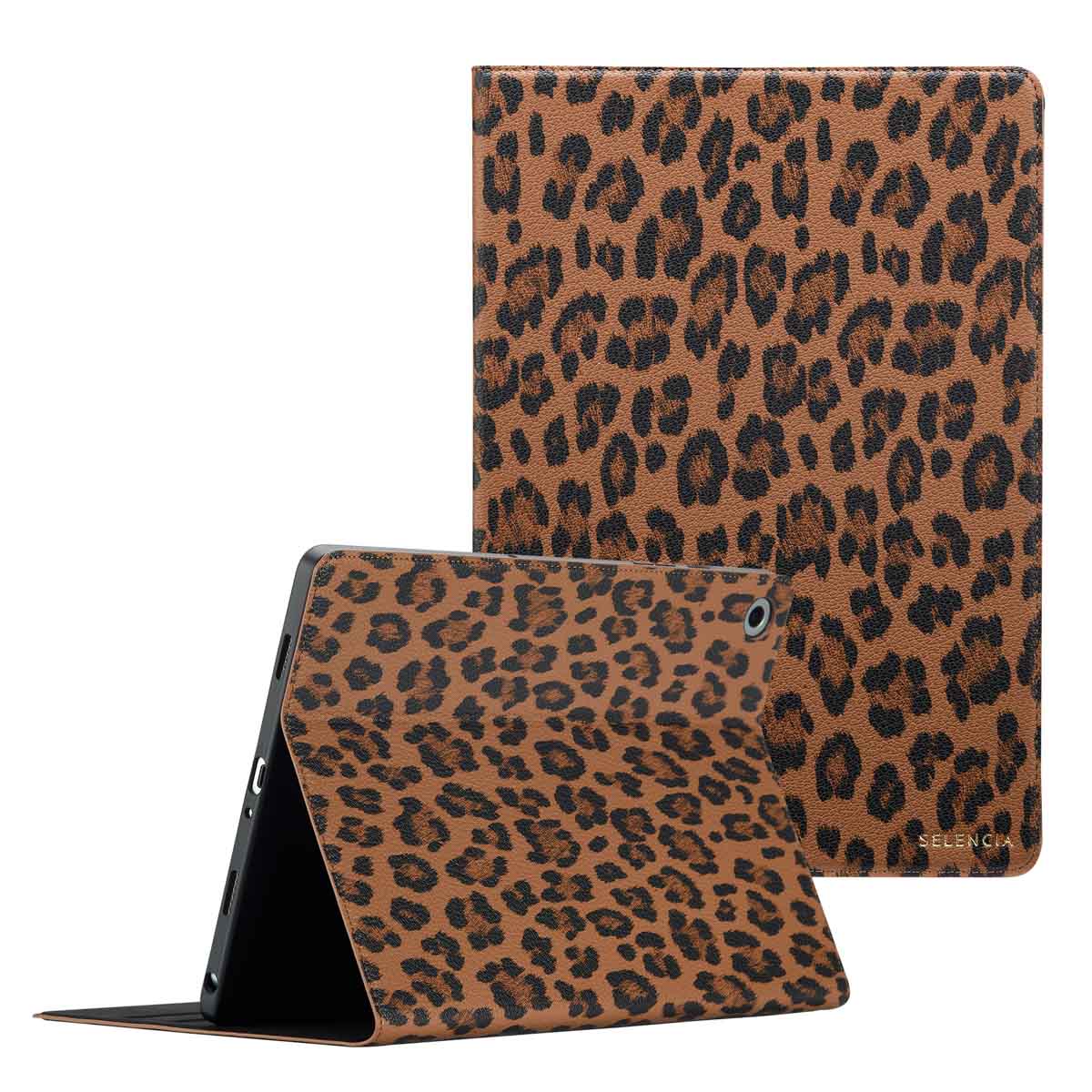 Selencia Sabi Klapphülle mit Leopardenmuster für das Samsung Galaxy Tab A9 Plus - Mocha Brown
