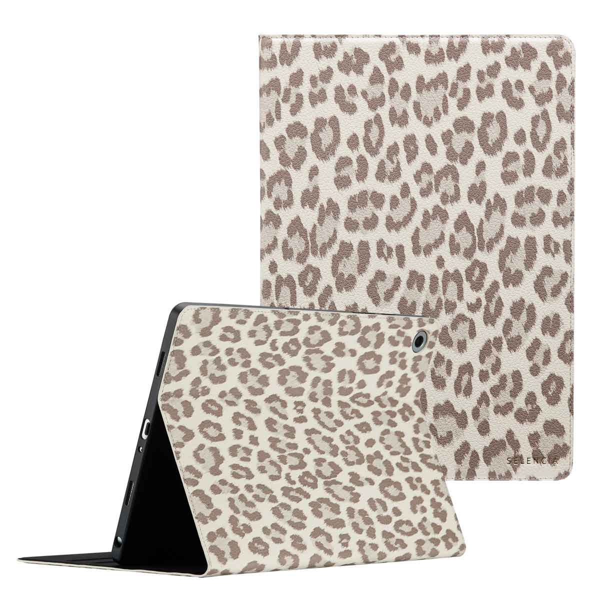Selencia Sabi Klapphülle mit Leopardenmuster für das Samsung Galaxy Tab A9 Plus - Soft Ivory