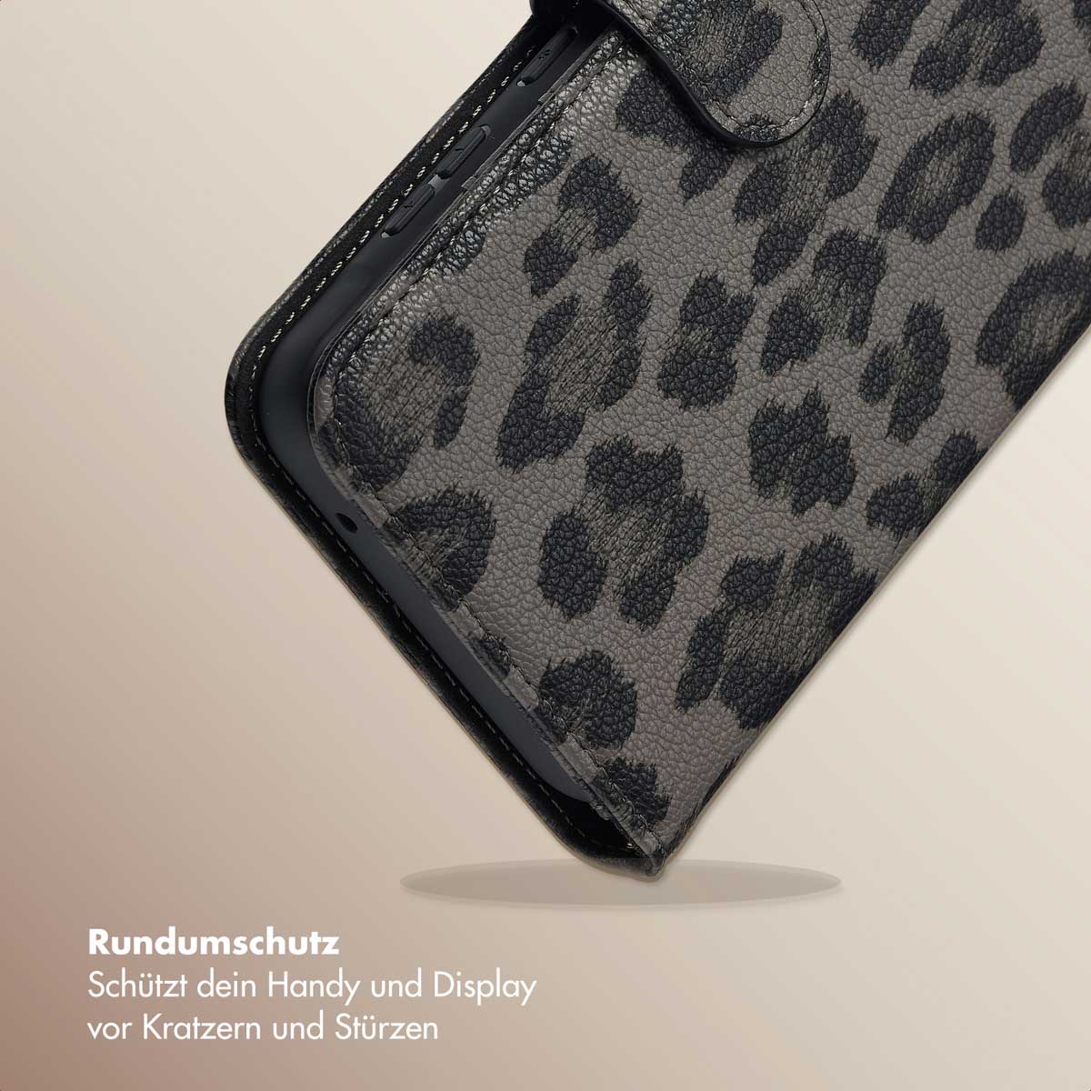 Selencia Sabi Klapphülle mit Leopardenmuster für das Samsung Galaxy A55 - Midnight Black