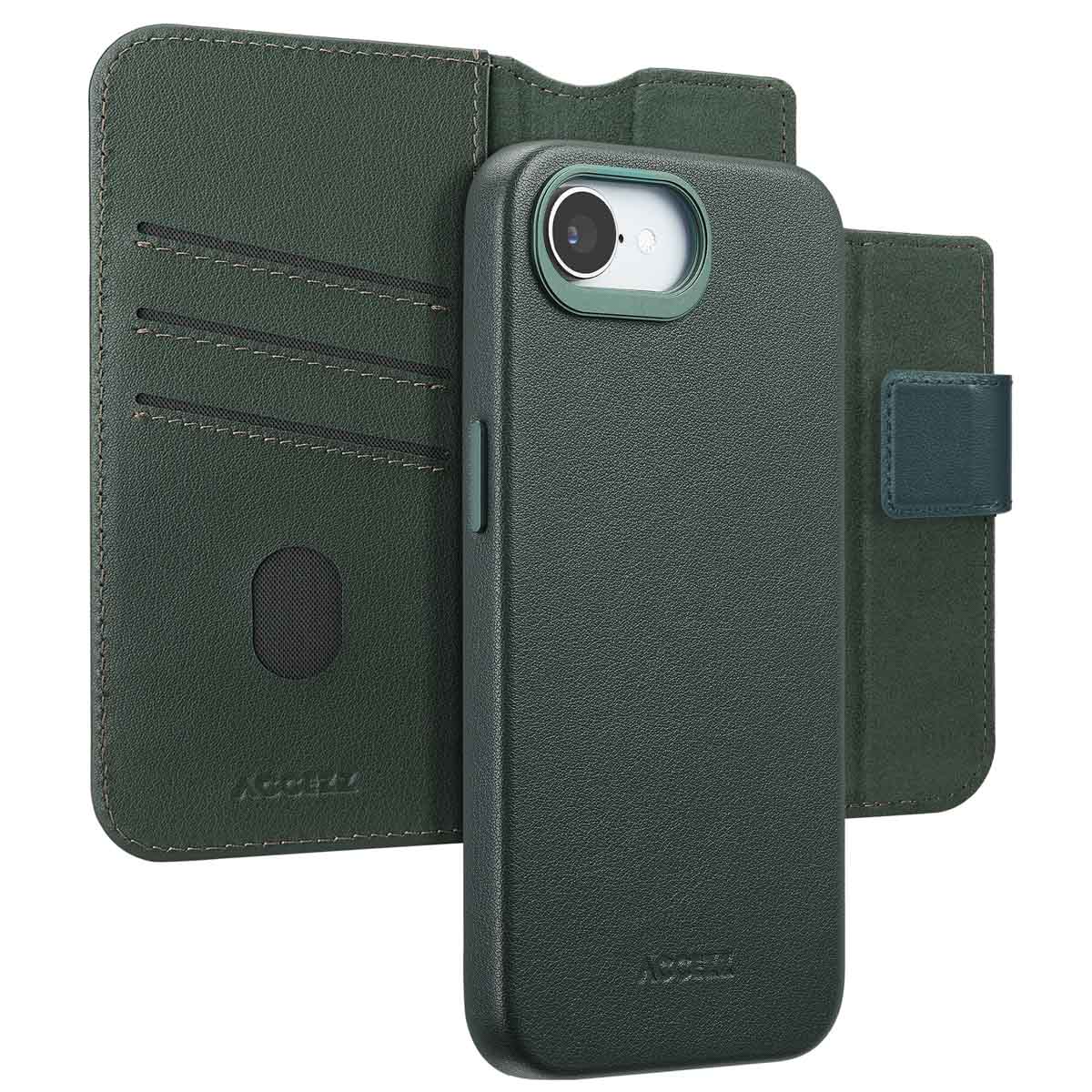 Accezz 2-in-1 Klapphülle aus Leder mit MagSafe für das Apple iPhone 17e / 16e - Cedar Green
