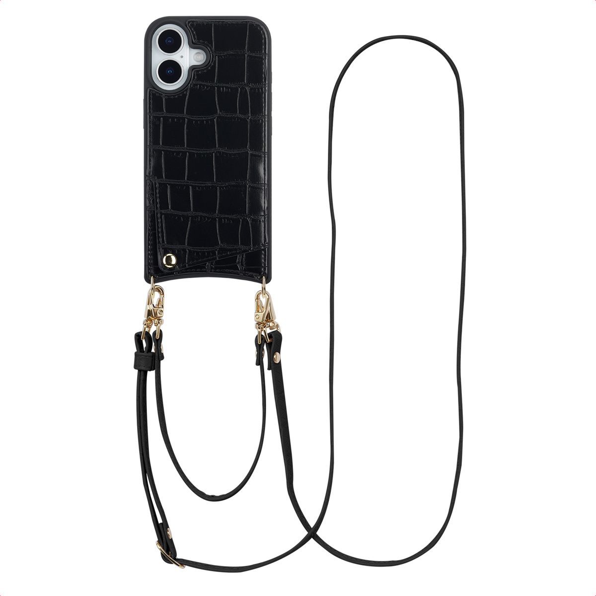 Selencia Nova Croco HandyHülle mit Kordel und Kartenhalter für das Apple iPhone 17 - Schwarz
