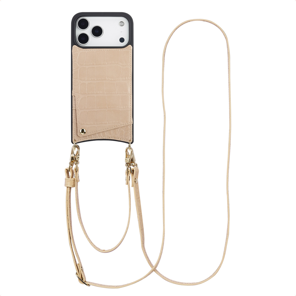 Selencia Nova Croco HandyHülle mit Kordel und Kartenhalter für das Apple iPhone 17 Pro Max - Beige