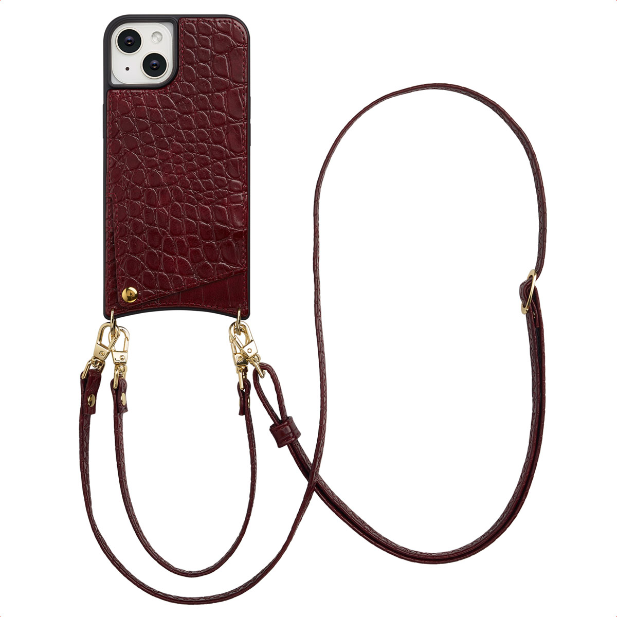 Selencia Nova Croco HandyHülle mit Kordel und Kartenhalter für das Apple iPhone 14 / 13 - Burgundy