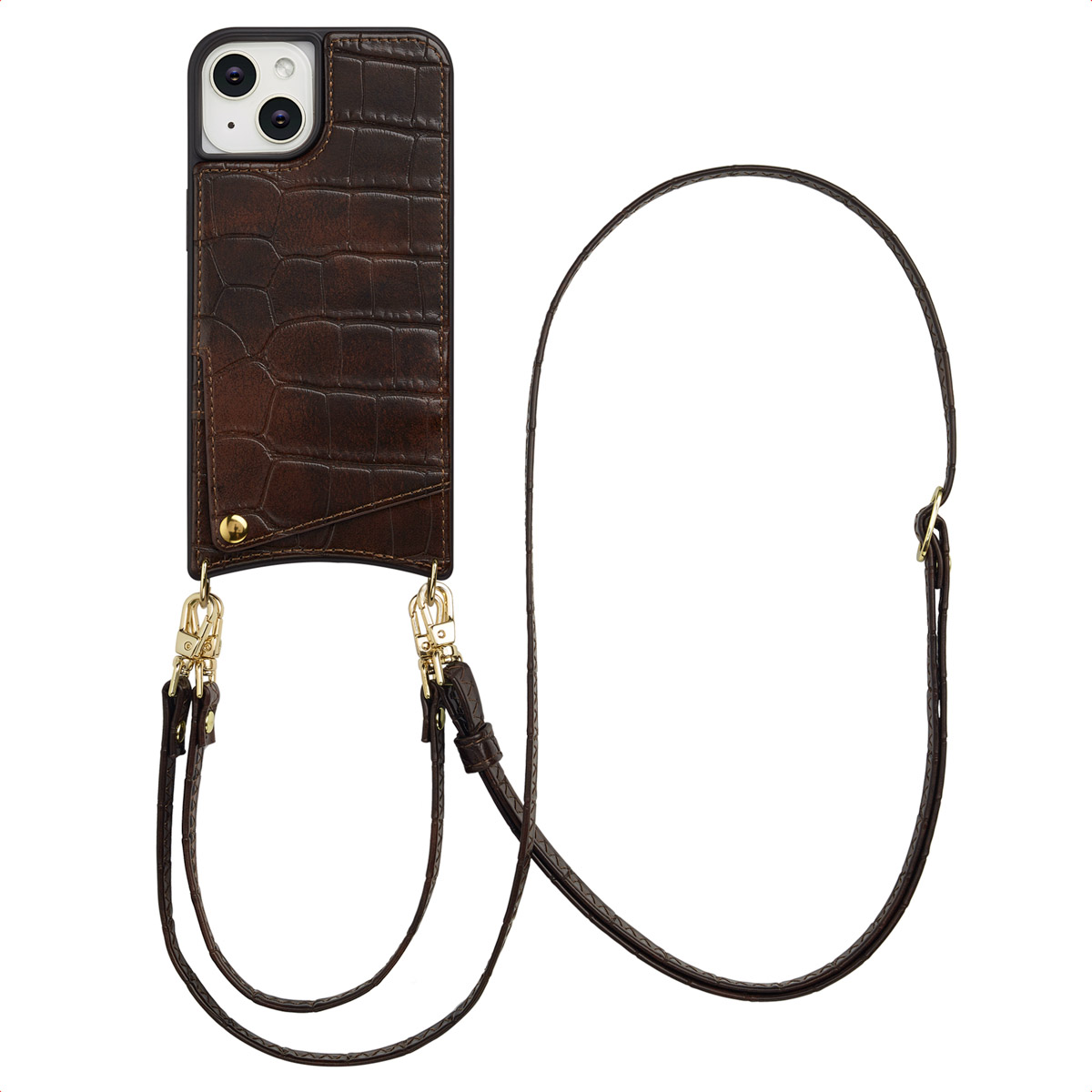 Selencia Nova Croco HandyHülle mit Kordel und Kartenhalter für das Apple iPhone 14 / 13 - Choco Brown