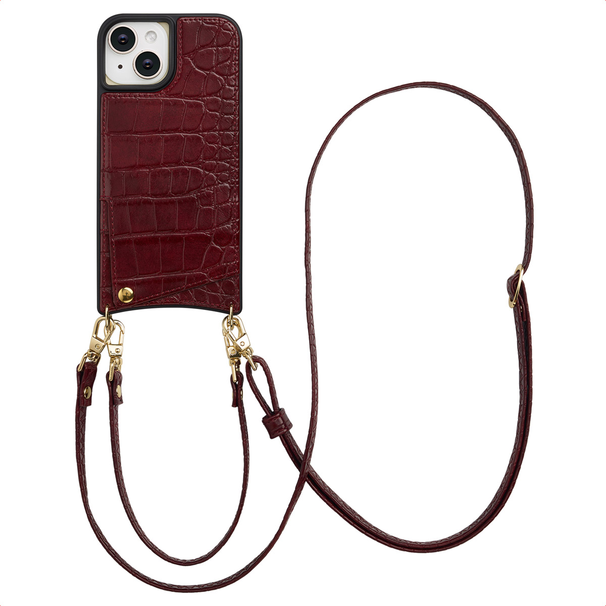Selencia Nova Croco HandyHülle mit Kordel und Kartenhalter für das Apple iPhone 15 - Burgundy