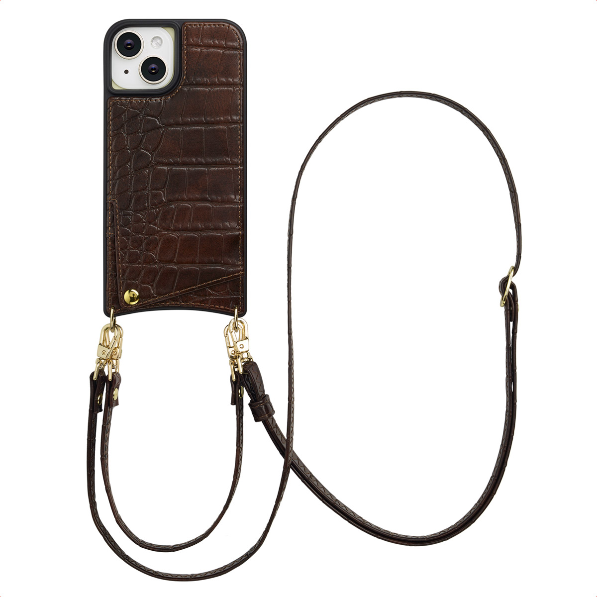 Selencia Nova Croco HandyHülle mit Kordel und Kartenhalter für das Apple iPhone 15 - Choco Brown