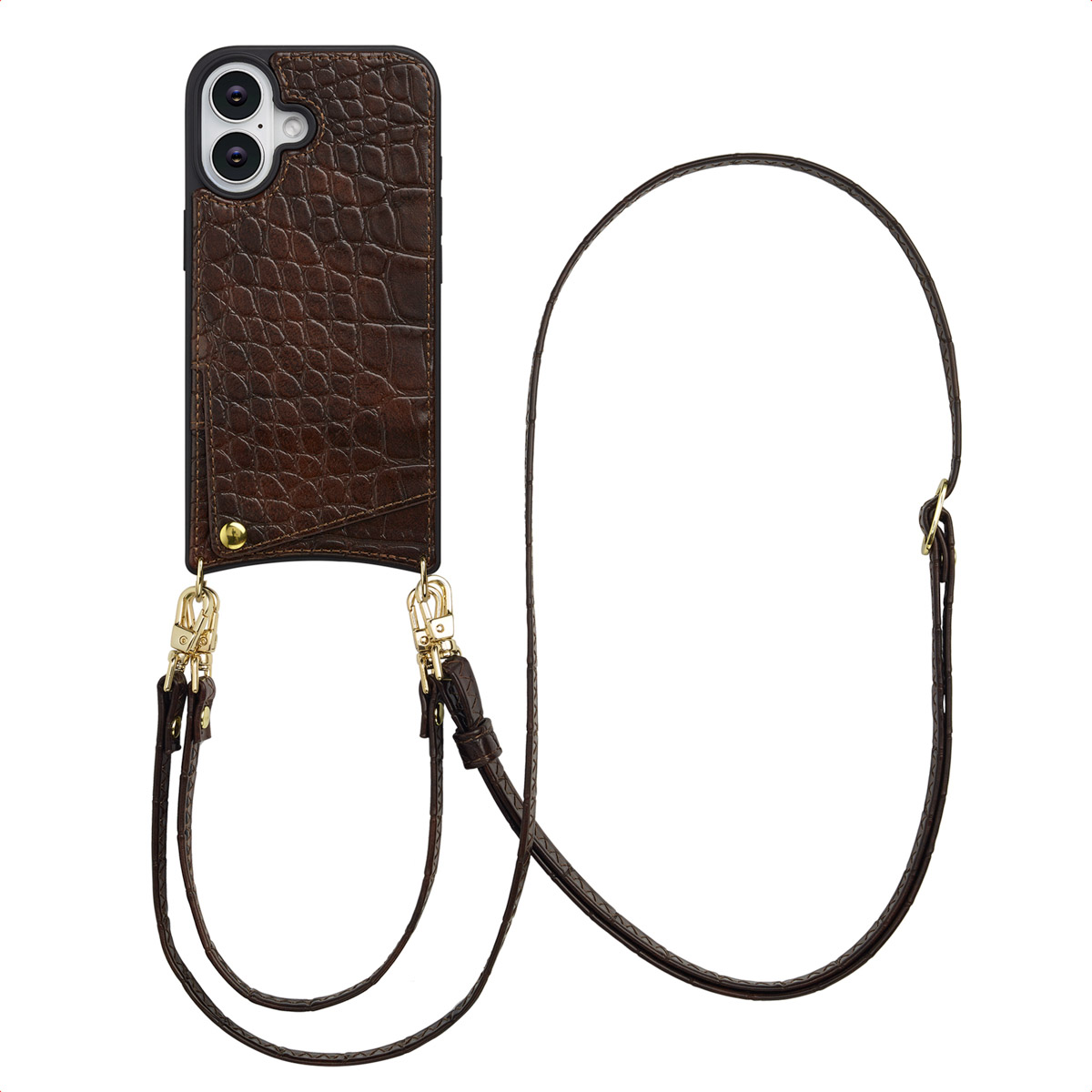 Selencia Nova Croco HandyHülle mit Kordel und Kartenhalter für das Apple iPhone 16 - Choco Brown