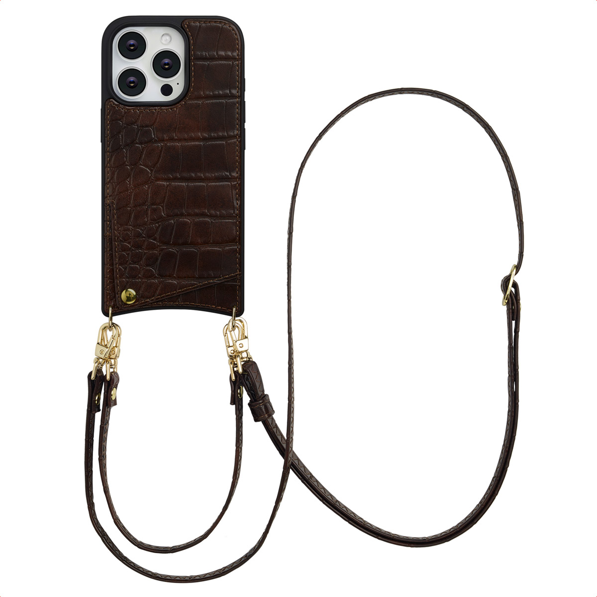 Selencia Nova Croco HandyHülle mit Kordel und Kartenhalter für das Apple iPhone 16 Pro - Choco Brown