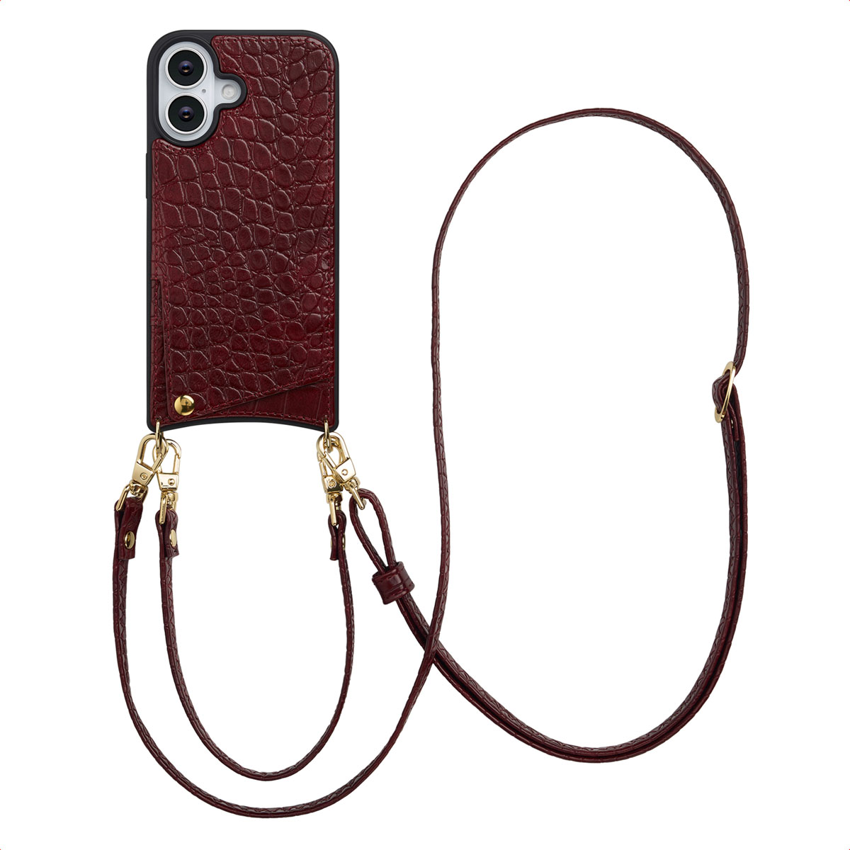 Selencia Nova Croco HandyHülle mit Kordel und Kartenhalter für das Apple iPhone 17 - Burgundy