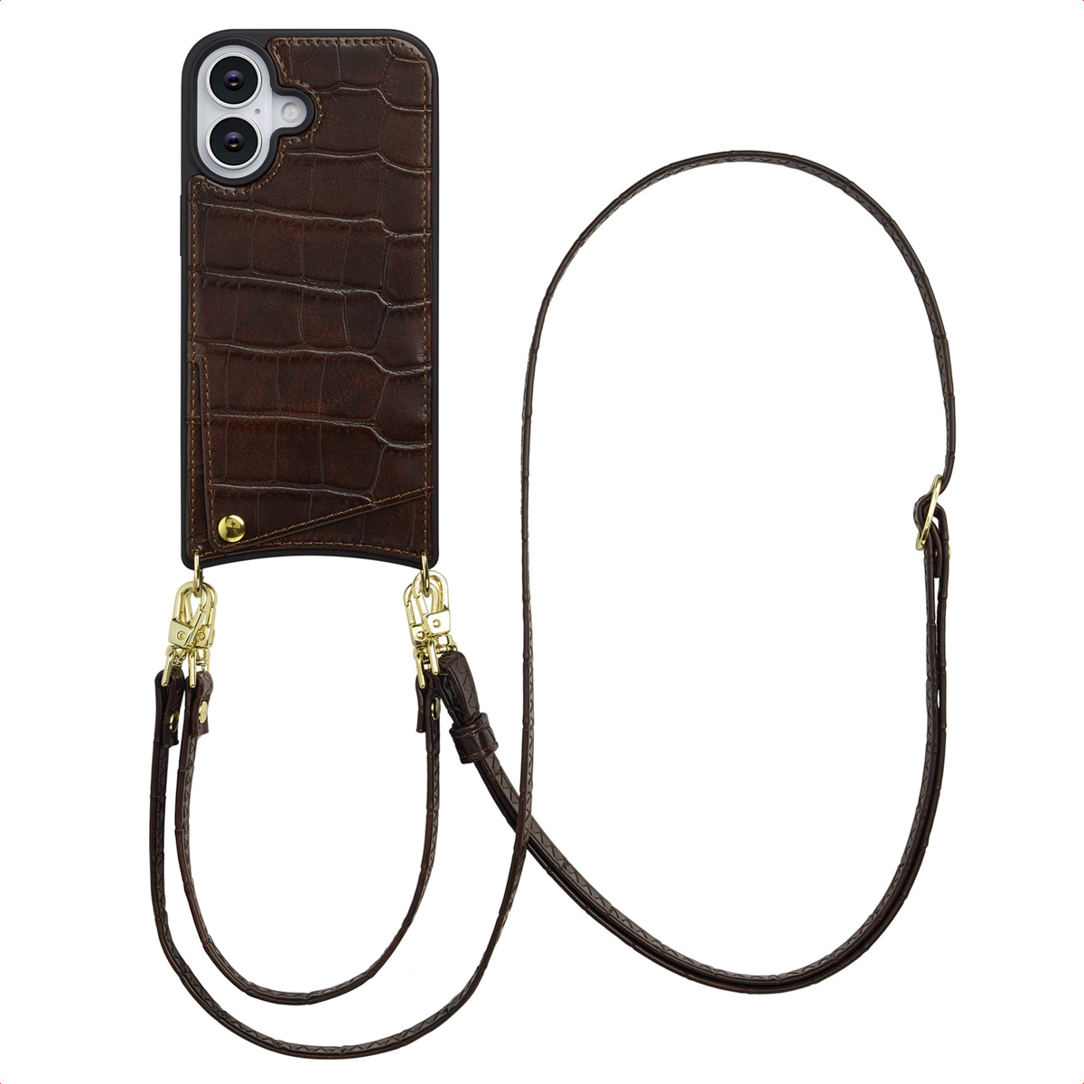 Selencia Nova Croco HandyHülle mit Kordel und Kartenhalter für das Apple iPhone 17 - Choco Brown