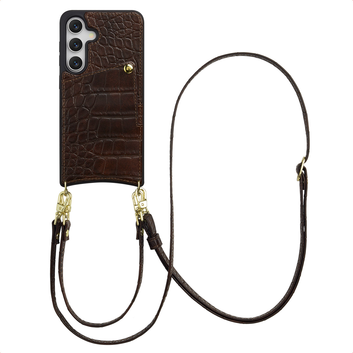 Selencia Nova Croco HandyHülle mit Kordel und Kartenhalter für das Samsung Galaxy S25 / S24 - Choco Brown