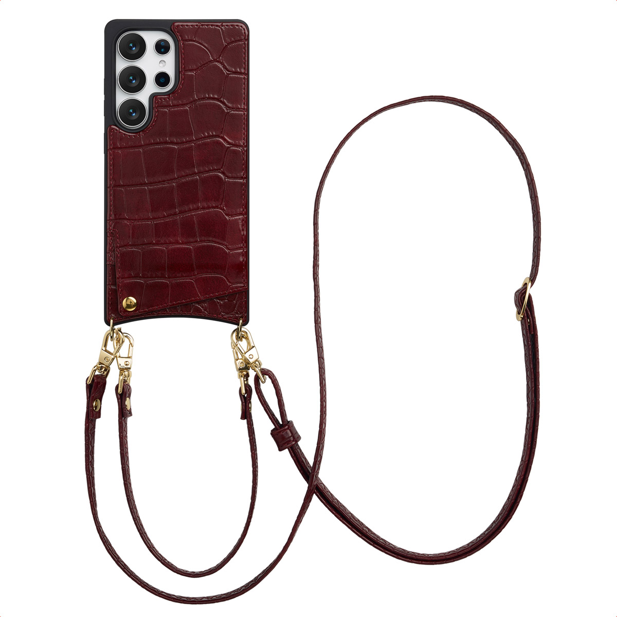 Selencia Nova Croco HandyHülle mit Kordel und Kartenhalter für das Samsung Galaxy S25 Ultra - Burgundy