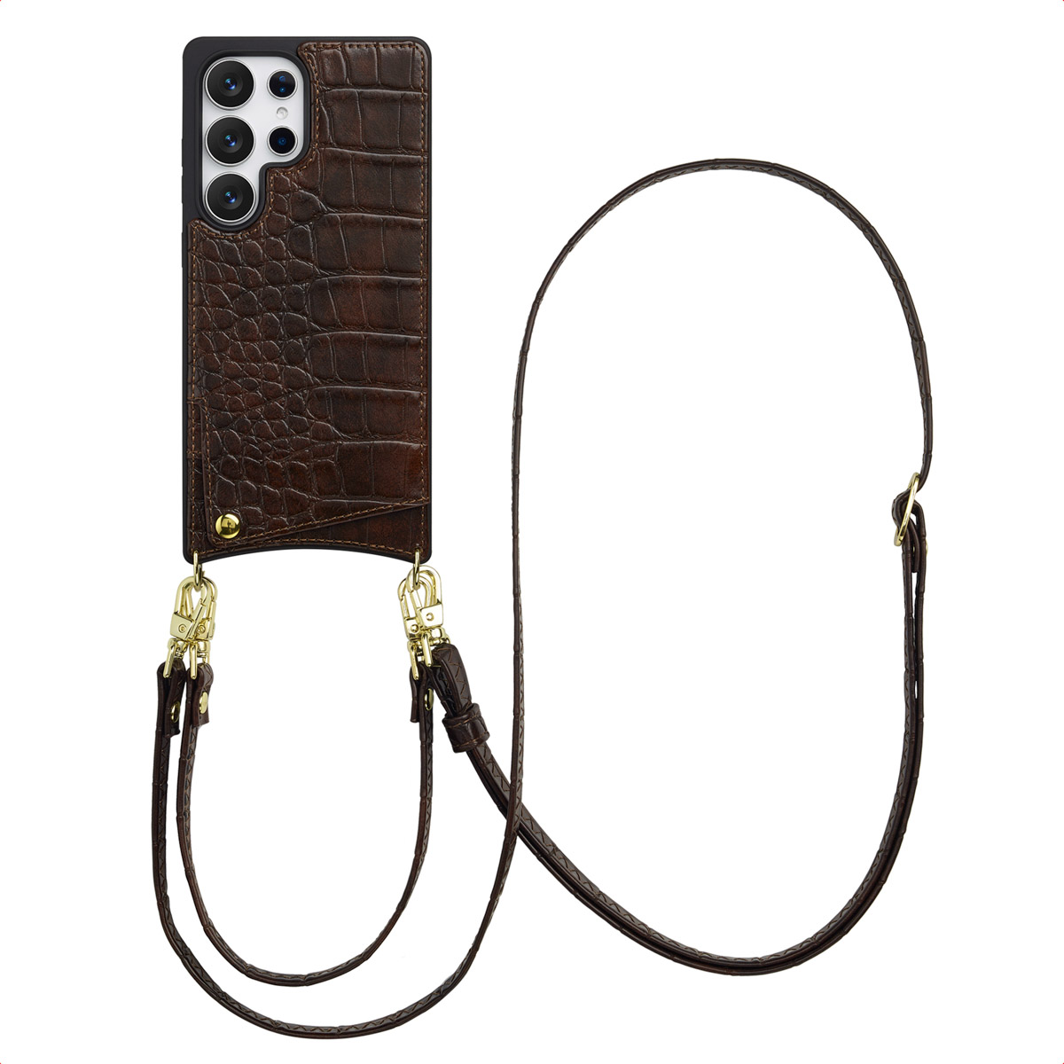 Selencia Nova Croco HandyHülle mit Kordel und Kartenhalter für das Samsung Galaxy S25 Ultra - Choco Brown