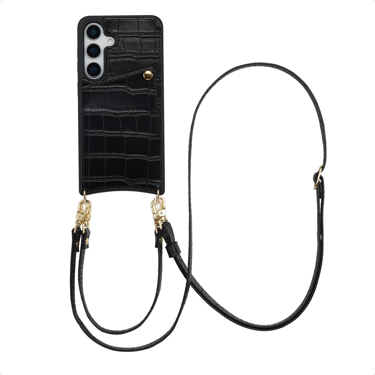 Selencia Nova Croco HandyHülle mit Kordel und Kartenhalter für das Samsung Galaxy S25 / S24 - Schwarz