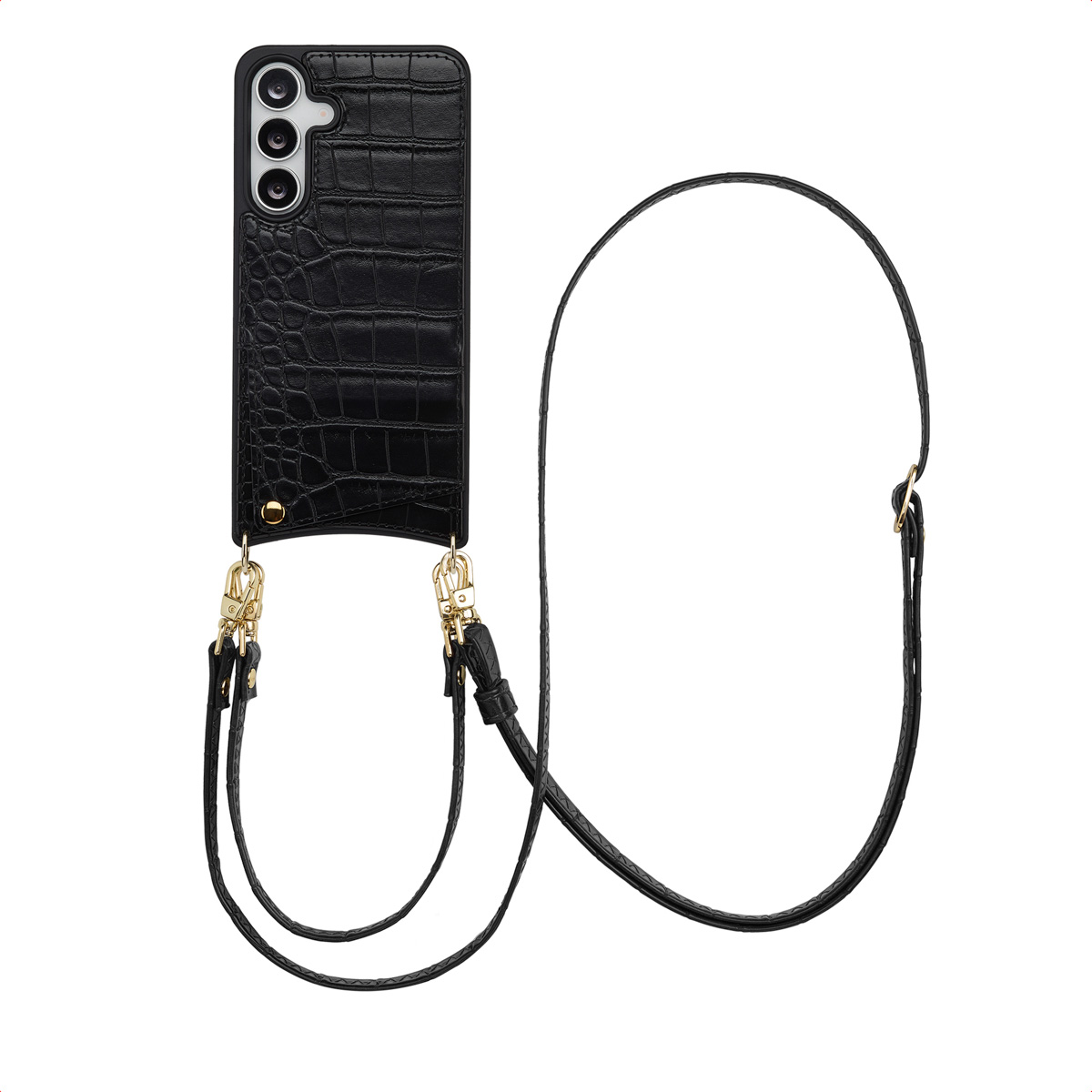 Selencia Nova Croco HandyHülle mit Kordel und Kartenhalter für das Samsung Galaxy S25 FE - Schwarz