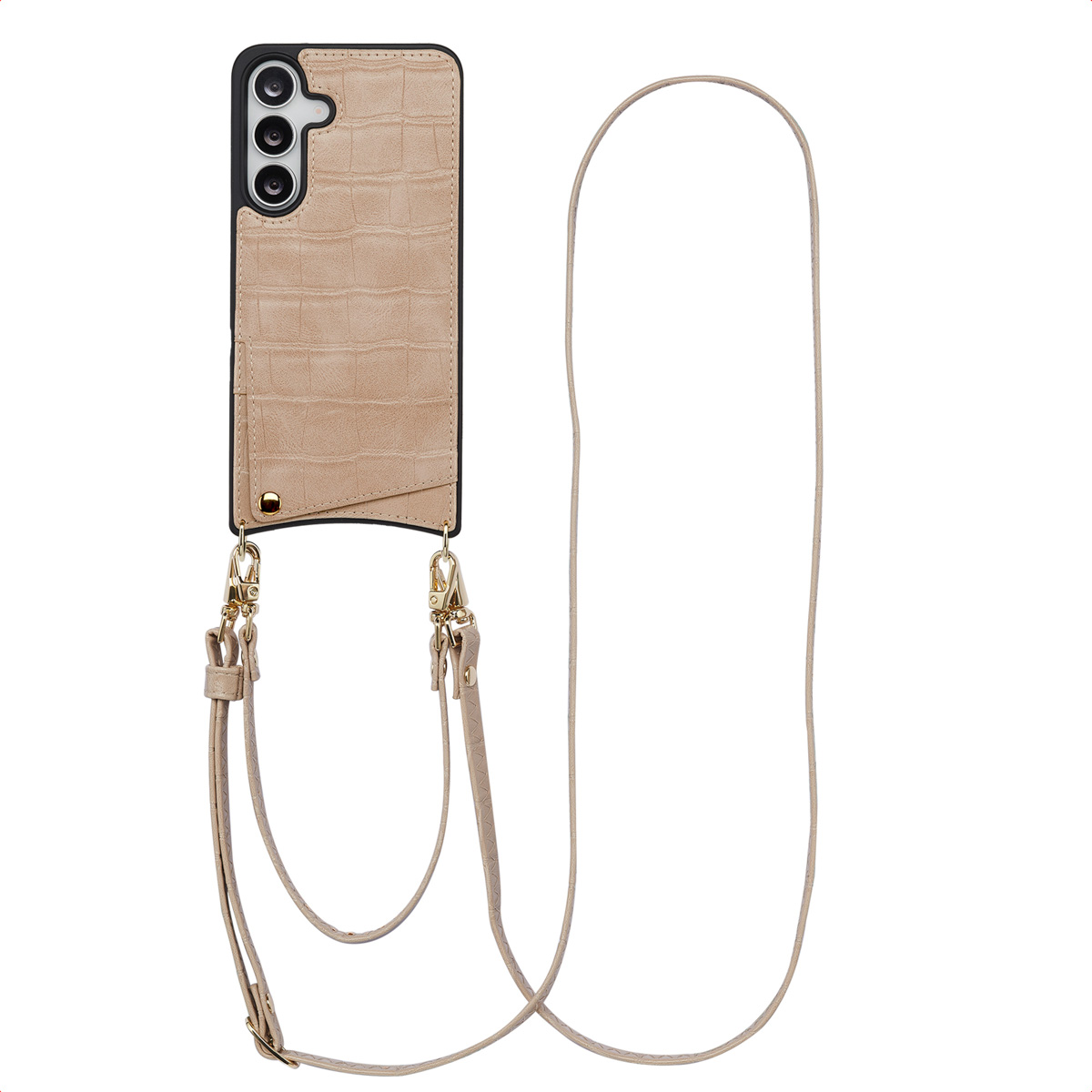 Selencia Nova Croco HandyHülle mit Kordel und Kartenhalter für das Samsung Galaxy S25 FE - Beige