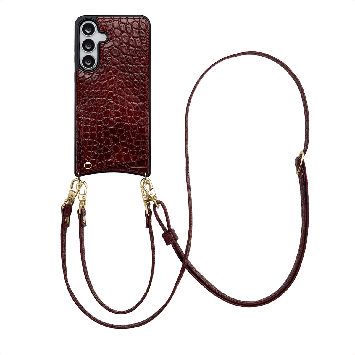 Selencia Nova Croco HandyHülle mit Kordel und Kartenhalter für das Samsung Galaxy S25 FE - Burgundy