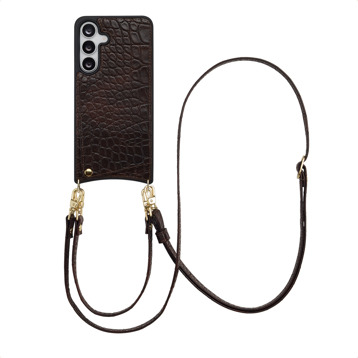 Selencia Nova Croco HandyHülle mit Kordel und Kartenhalter für das Samsung Galaxy S25 FE - Choco Brown
