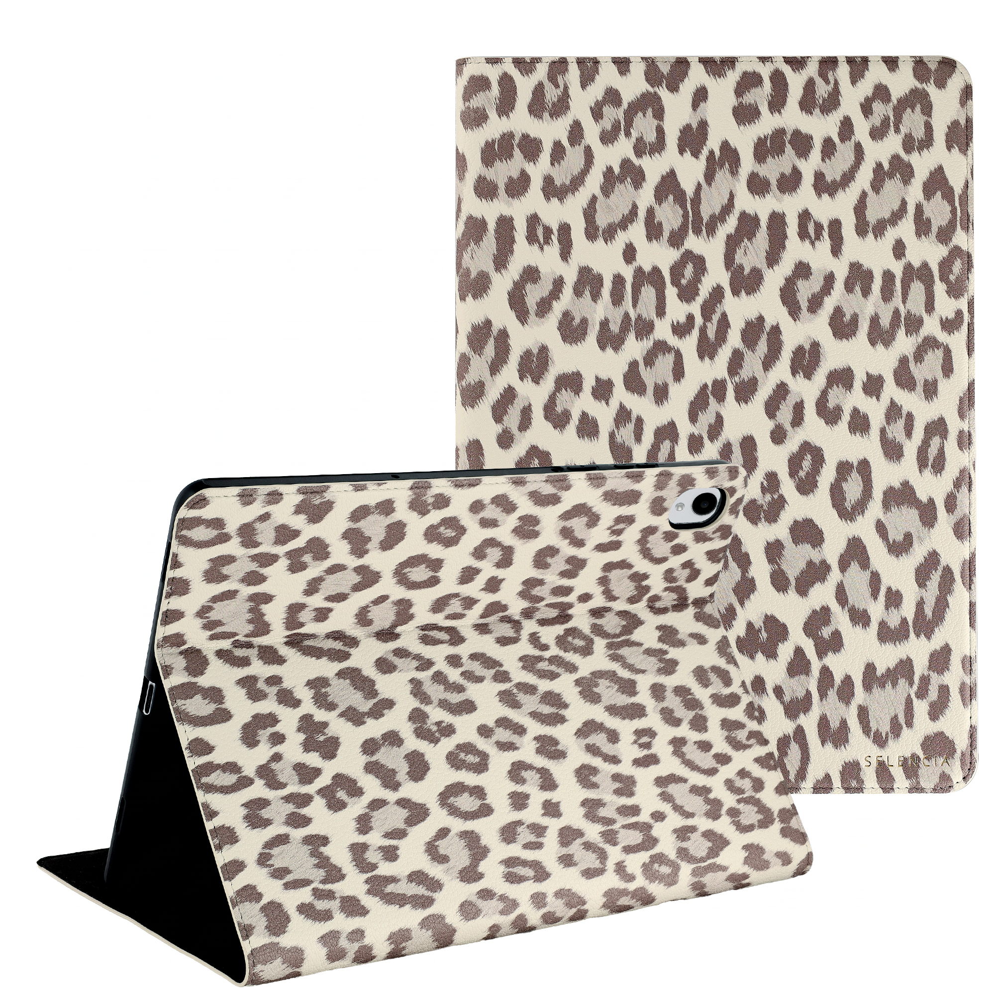 Selencia Sabi Klapphülle mit Leopardenmuster für das Samsung Galaxy Tab S11 - Soft Ivory
