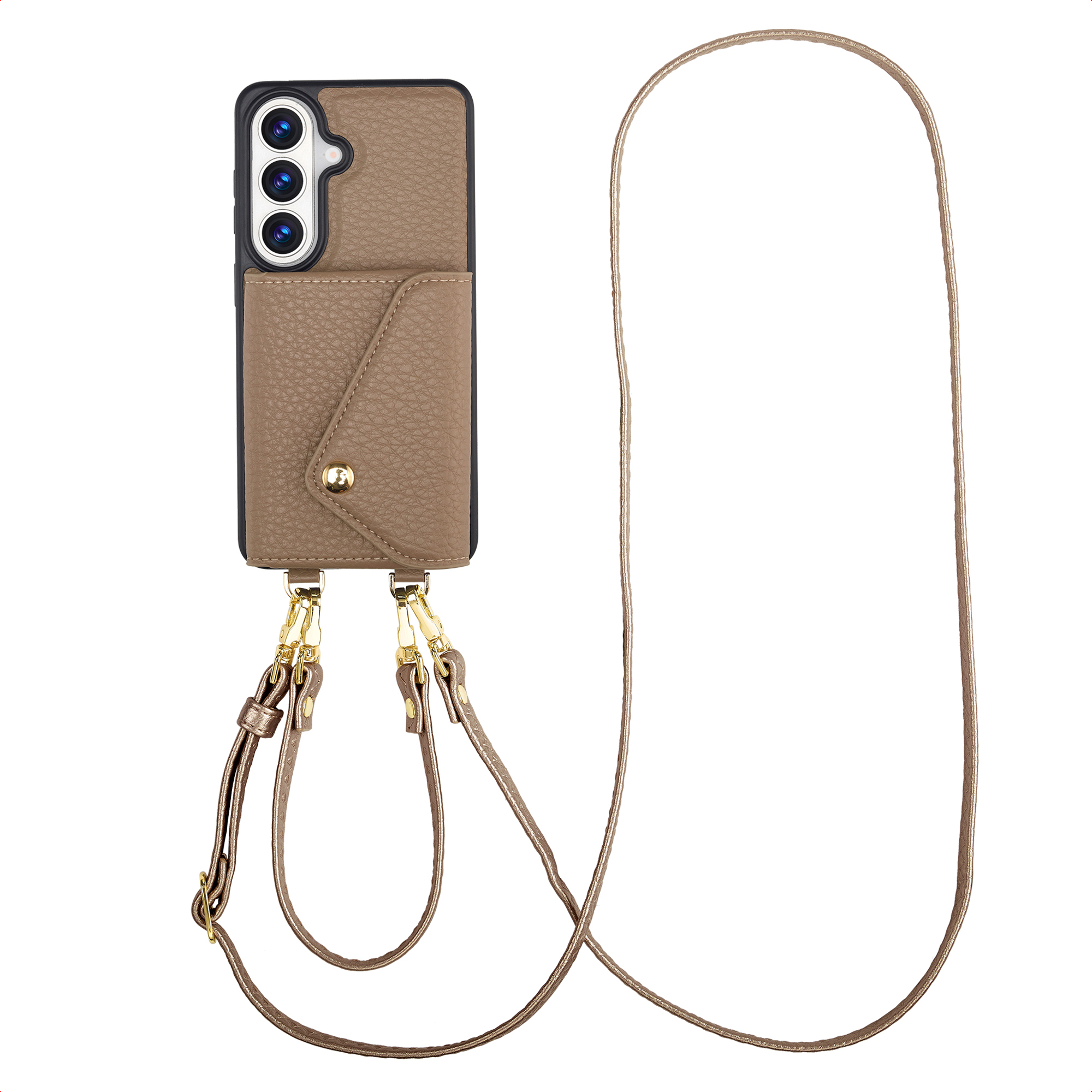 Selencia Sera HandyHülle mit Kordel und Umschlag-Kartenhalter für das Samsung Galaxy S26 - Taupe