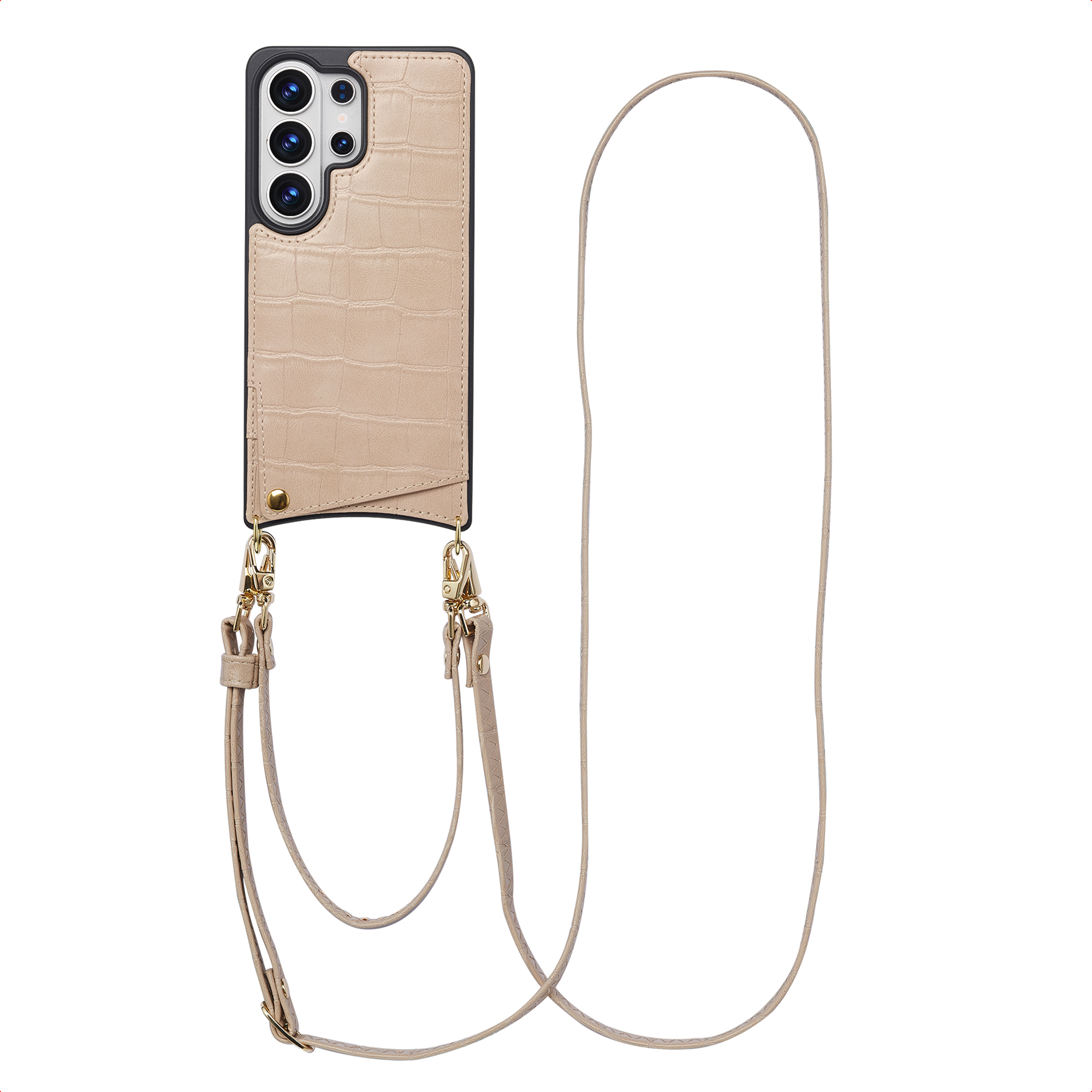 Selencia Nova Croco HandyHülle mit Kordel und Kartenhalter für das Samsung Galaxy S26 Ultra - Beige