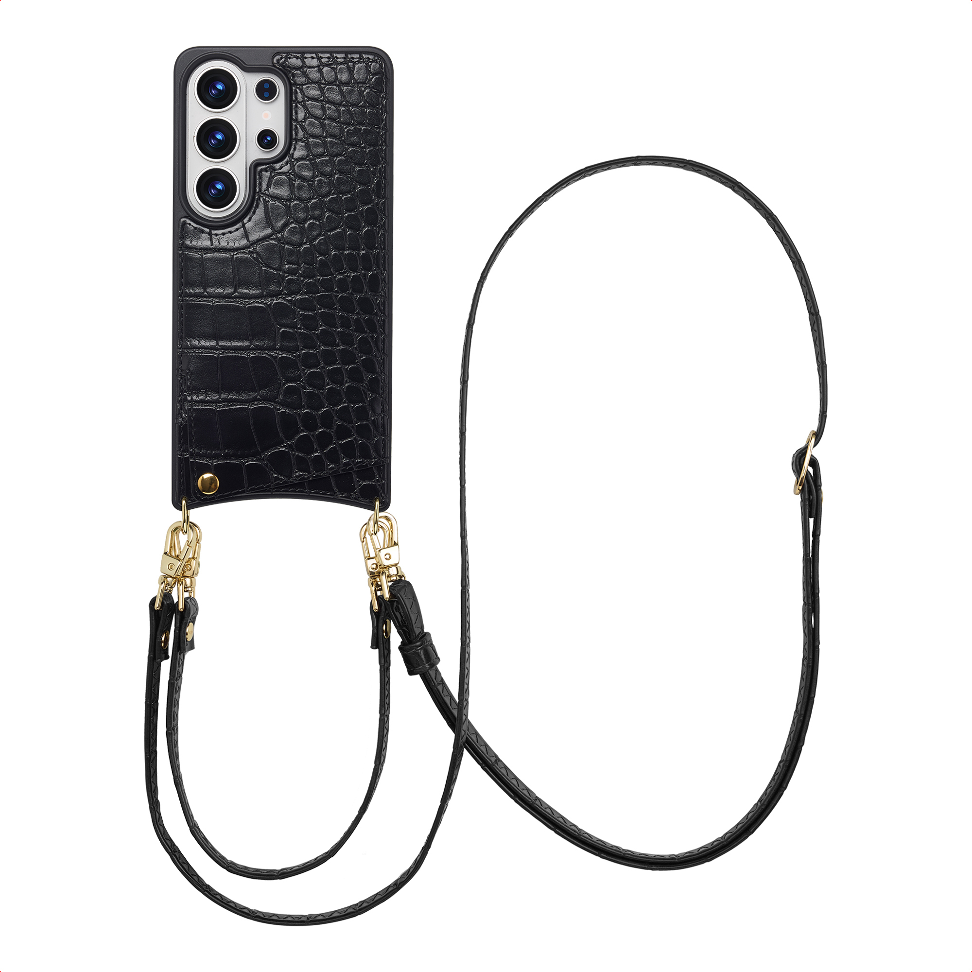 Selencia Nova Croco HandyHülle mit Kordel und Kartenhalter für das Samsung Galaxy S26 Ultra - Schwarz