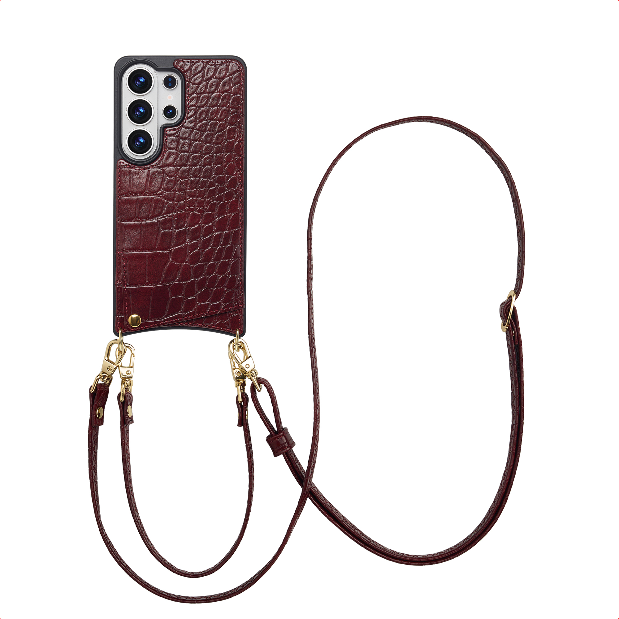 Selencia Nova Croco HandyHülle mit Kordel und Kartenhalter für das Samsung Galaxy S26 Ultra - Burgundy