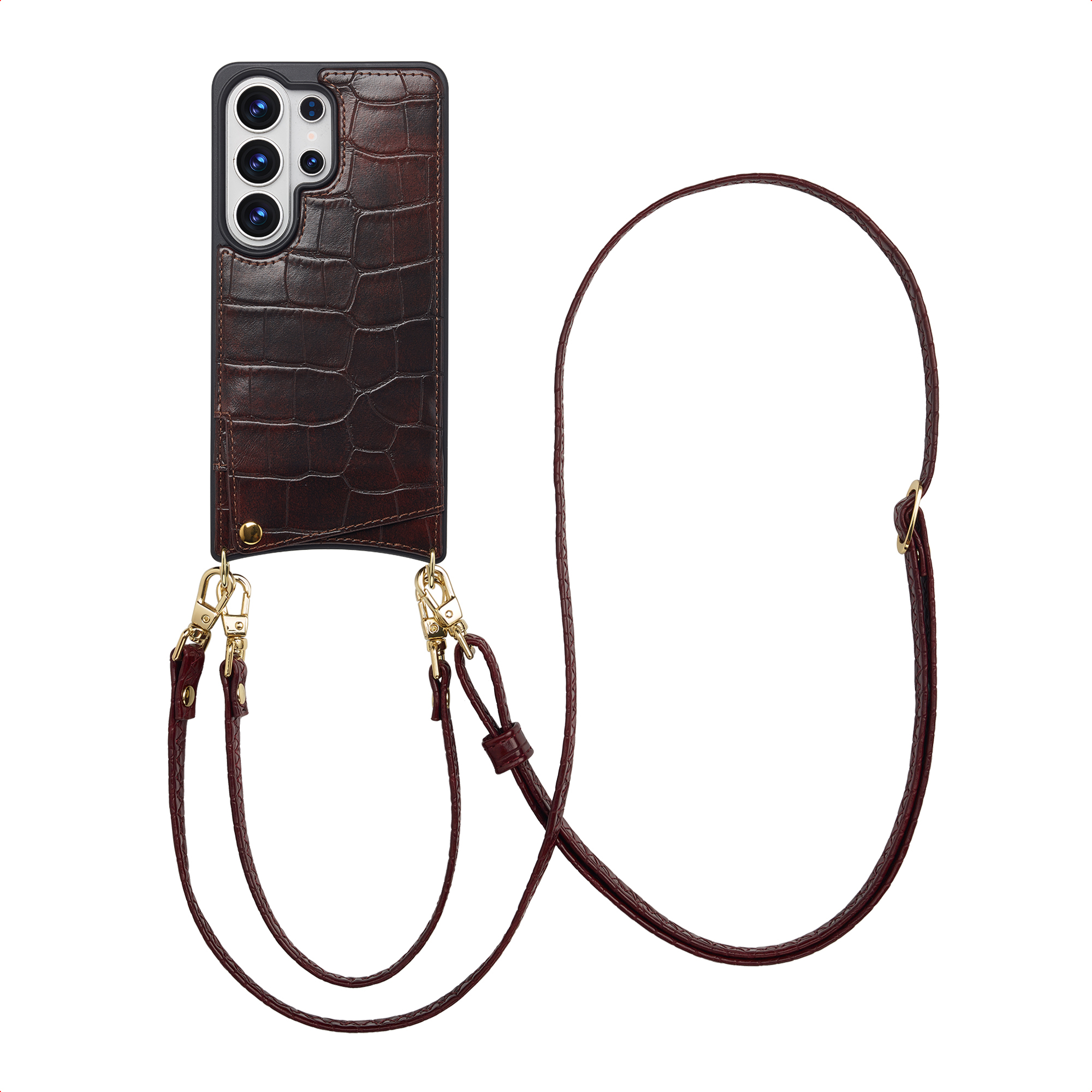 Selencia Nova Croco HandyHülle mit Kordel und Kartenhalter für das Samsung Galaxy S26 Ultra - Choco Brown