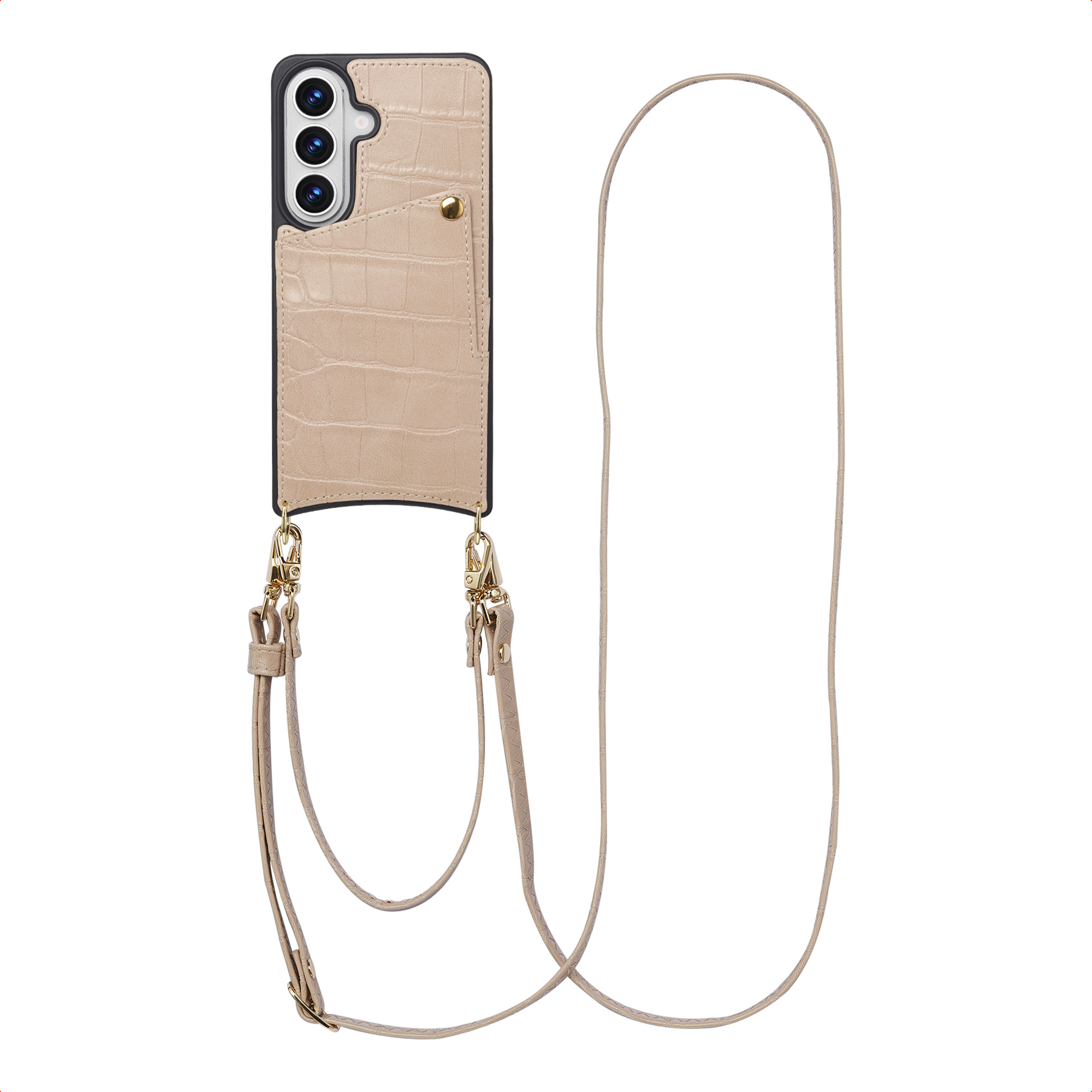 Selencia Nova Croco HandyHülle mit Kordel und Kartenhalter für das Samsung Galaxy S26 - Beige