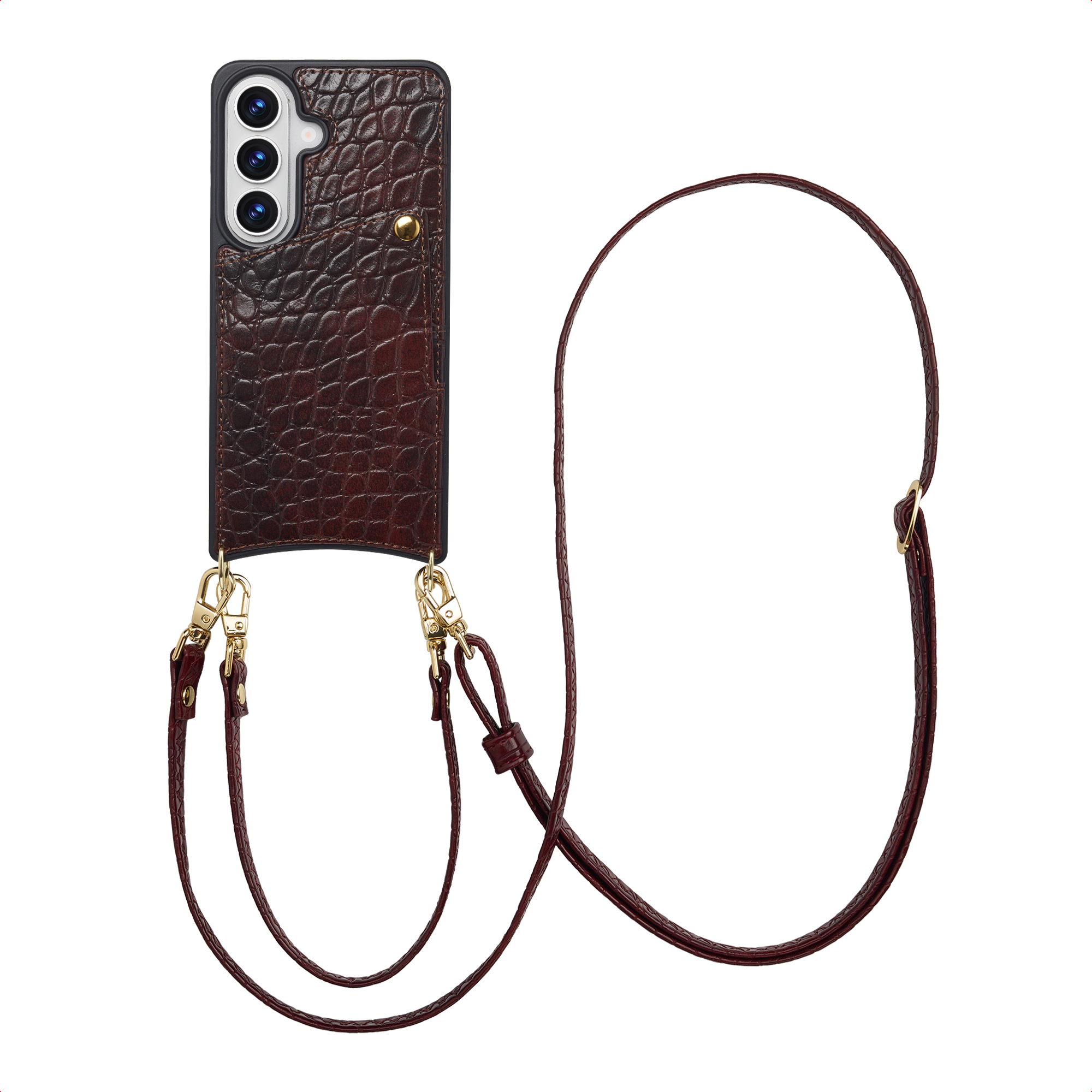 Selencia Nova Croco HandyHülle mit Kordel und Kartenhalter für das Samsung Galaxy S26 - Choco Brown