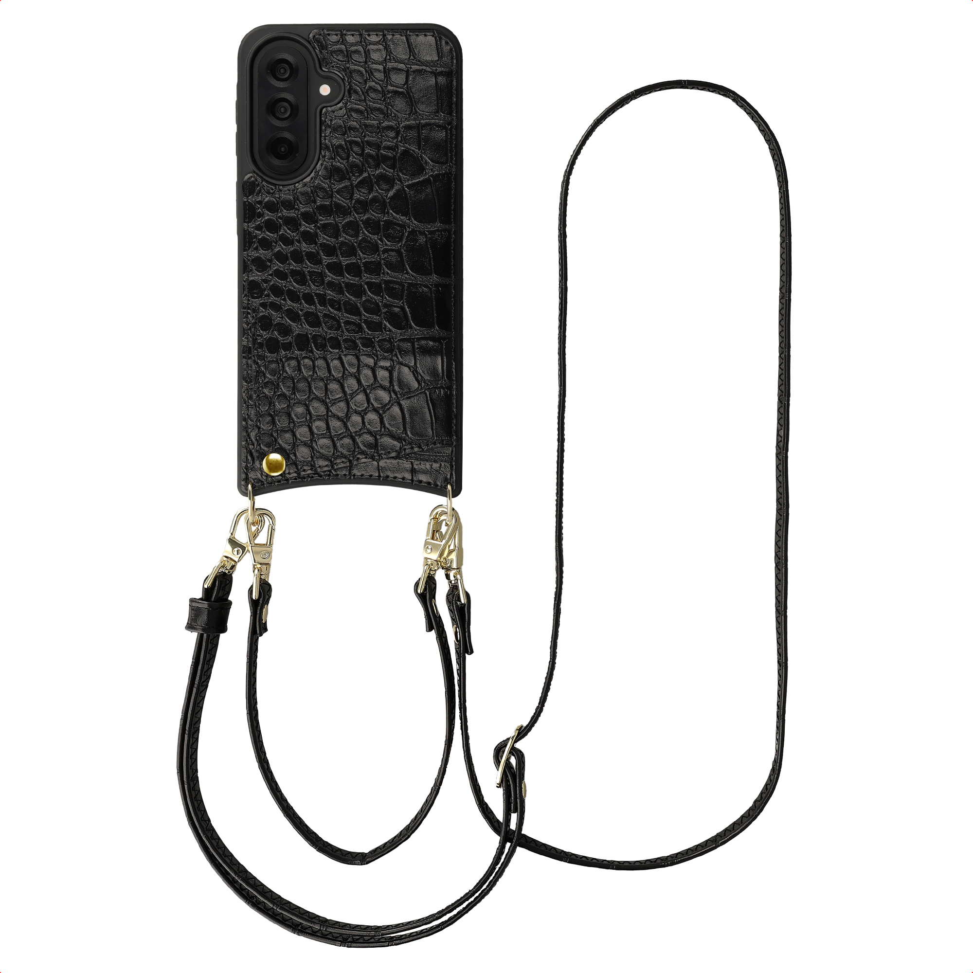 Selencia Nova Croco HandyHülle mit Kordel und Kartenhalter für das Samsung Galaxy A37 (5G) - Schwarz