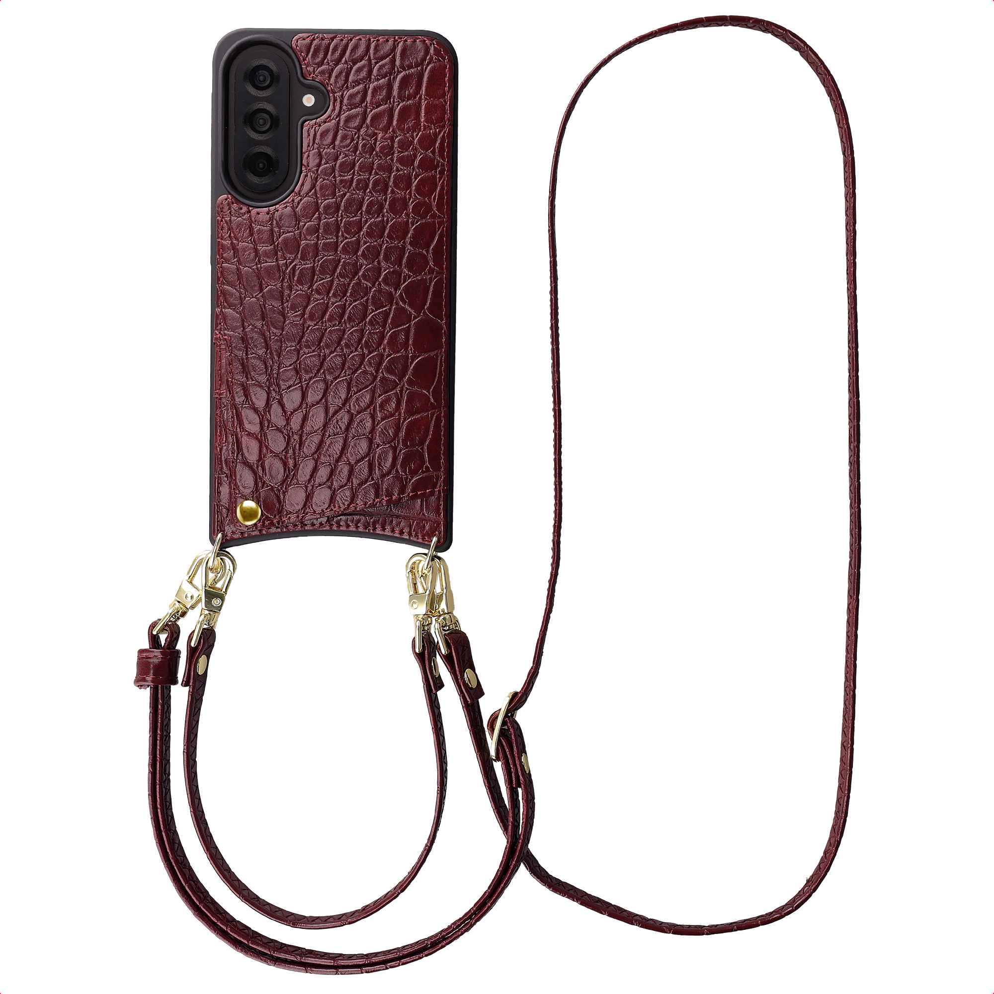 Selencia Nova Croco HandyHülle mit Kordel und Kartenhalter für das Samsung Galaxy A37 (5G) - Burgundy