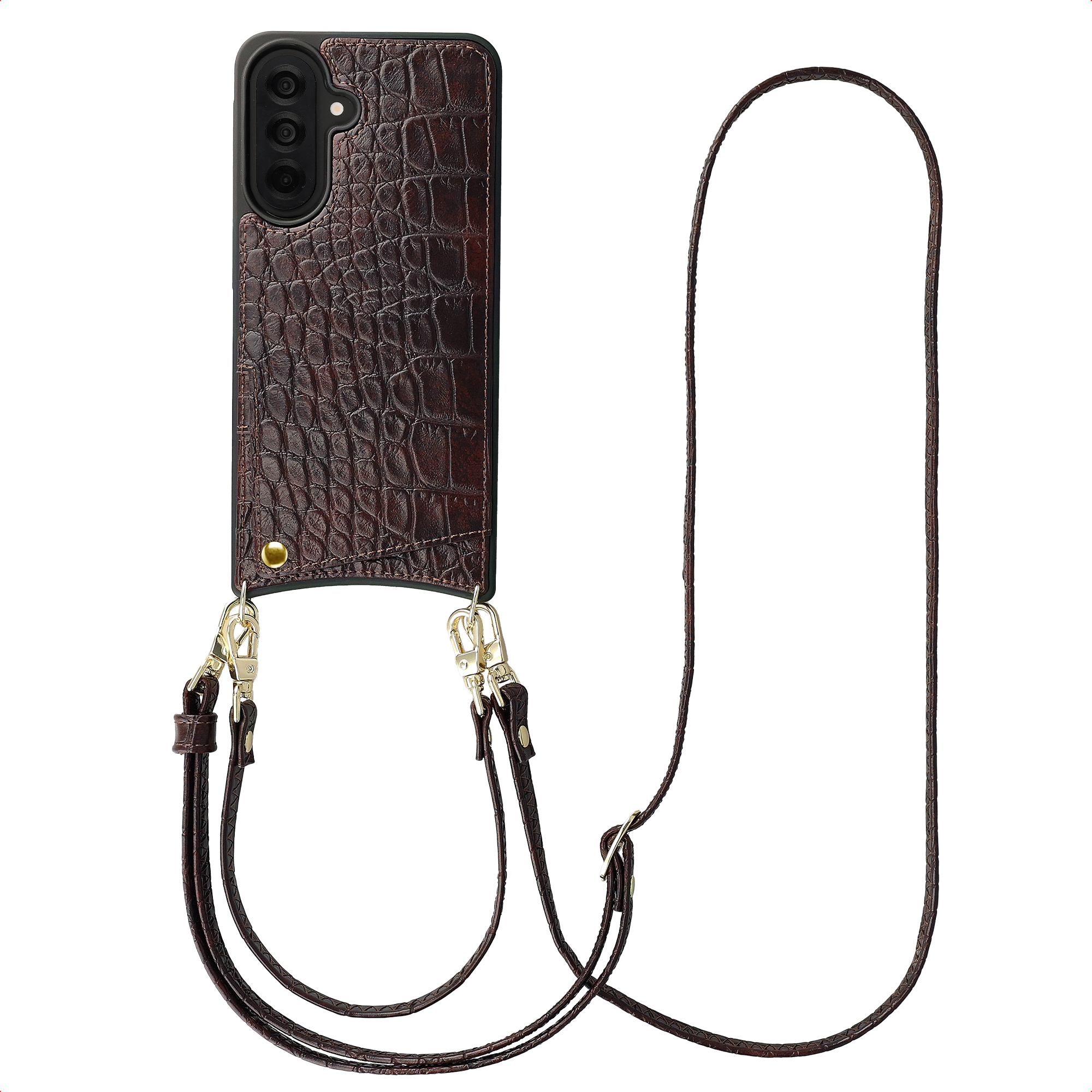 Selencia Nova Croco HandyHülle mit Kordel und Kartenhalter für das Samsung Galaxy A37 (5G) - Choco Brown