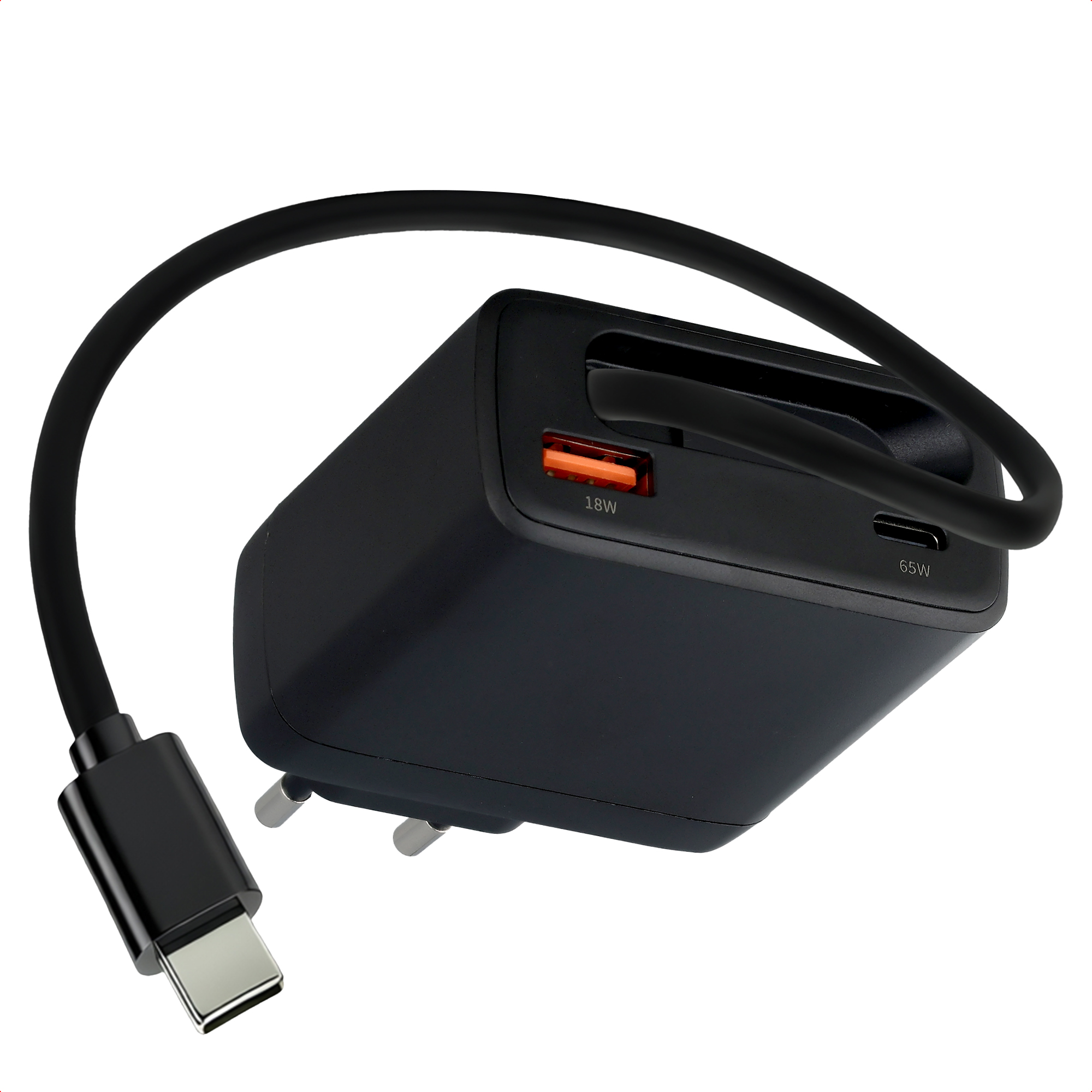 imoshion GaN-Ladegerät mit ausziehbarem USB-C-Kabel 65W - USB-A + USB-C - Schwarz
