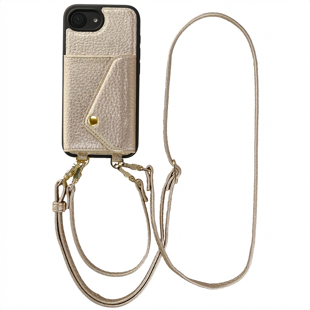 Selencia Sera HandyHülle mit Kordel und Umschlag-Kartenhalter für das Apple iPhone 17e / 16e - Champagne