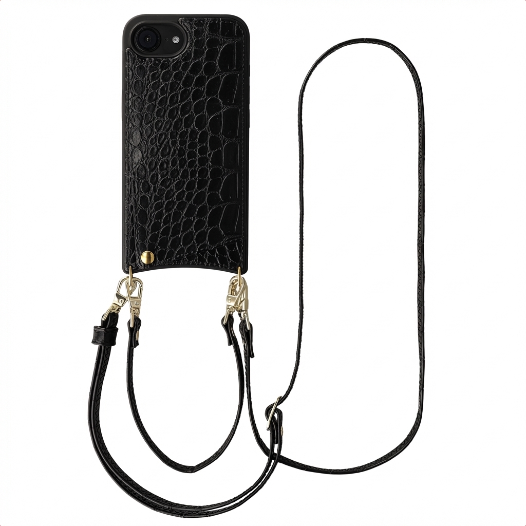 Selencia Nova Croco HandyHülle mit Kordel und Kartenhalter für das Apple iPhone 17e / 16e - Schwarz