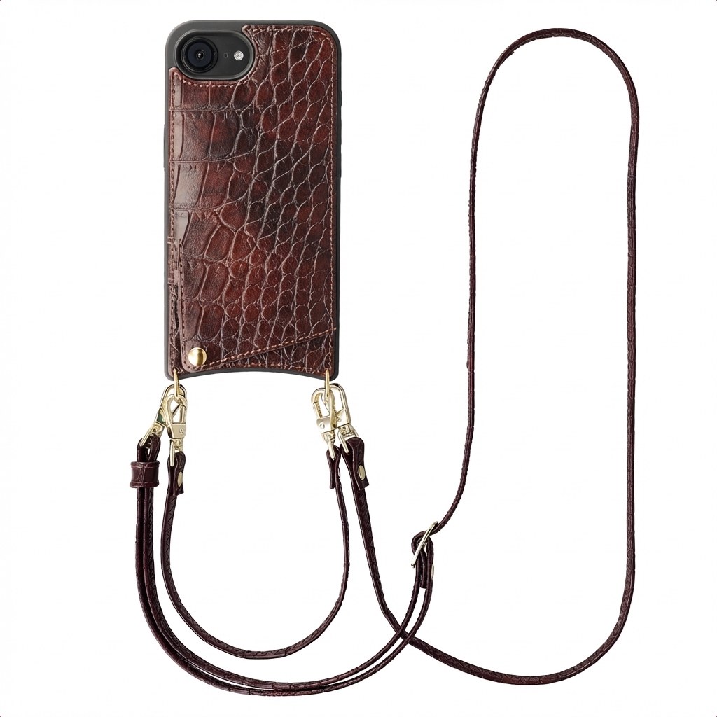 Selencia Nova Croco HandyHülle mit Kordel und Kartenhalter für das Apple iPhone 17e / 16e - Burgundy
