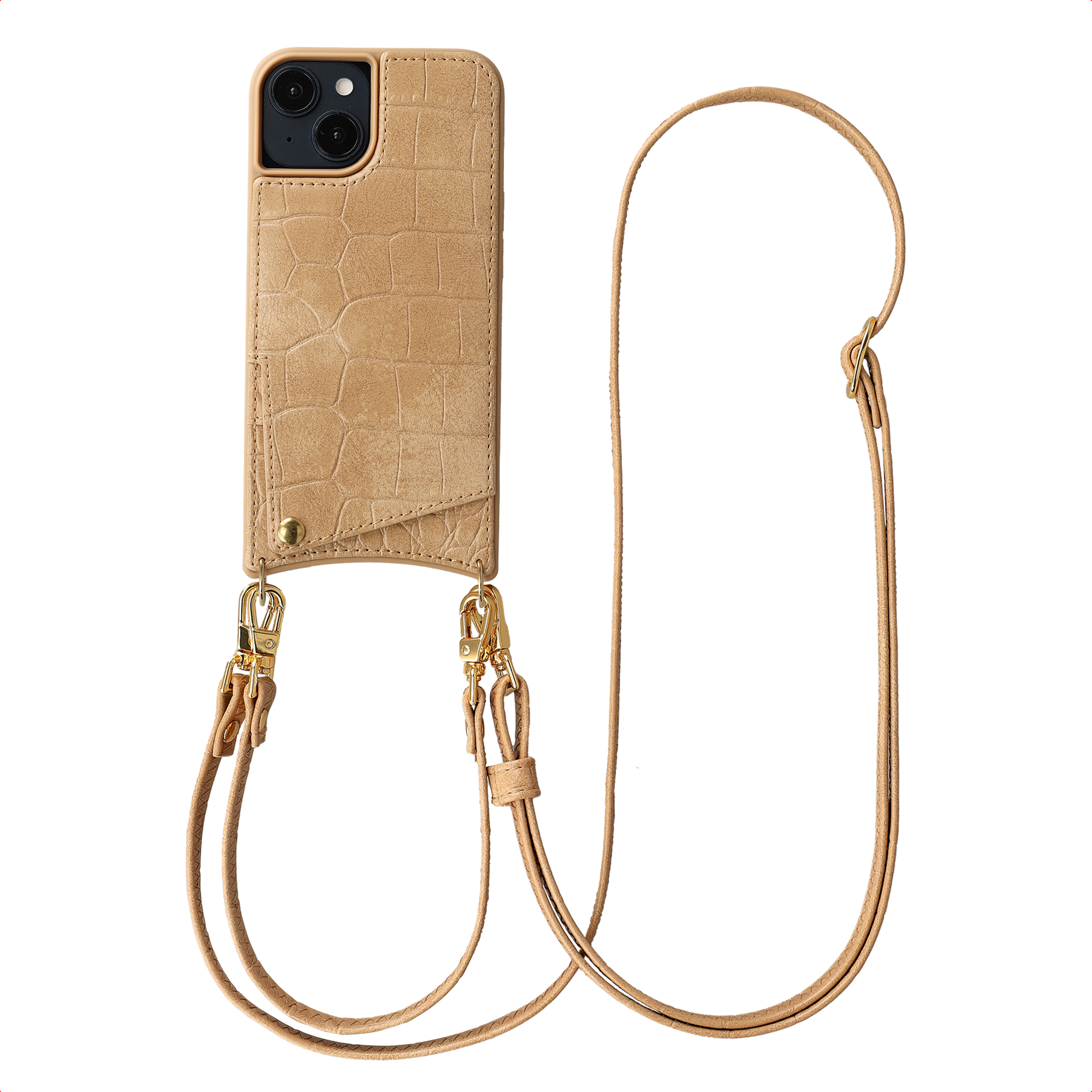 Selencia Nova Croco HandyHülle mit Kordel und Kartenhalter für das Apple iPhone 14 / 13 - Toasted Almond