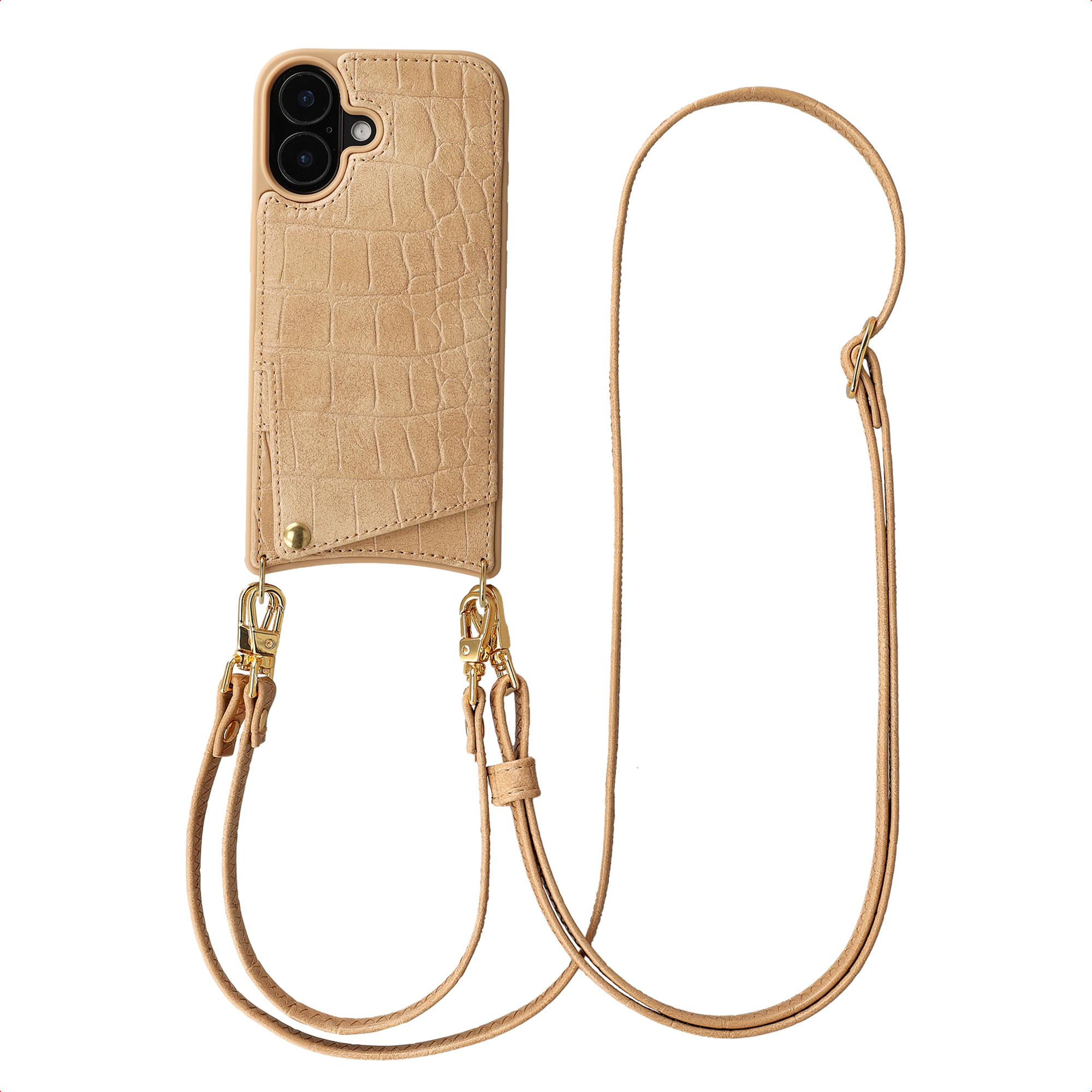 Selencia Nova Croco HandyHülle mit Kordel und Kartenhalter für das Apple iPhone 16 - Toasted Almond